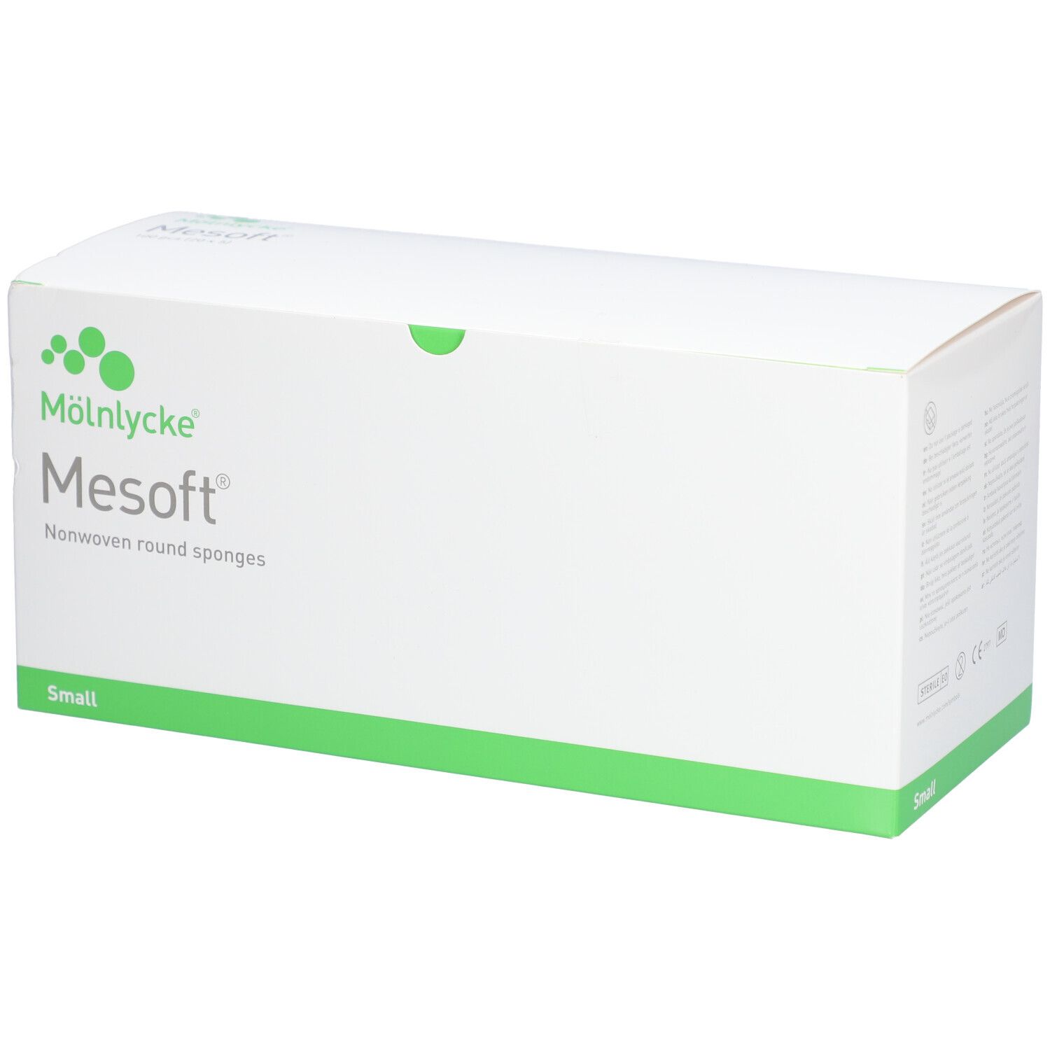 Weiße Verpackung mit grünem Akzent. Aufschrift: Mölnlycke Mesoft, Nonwoven round sponges. Aufschrift: Small.