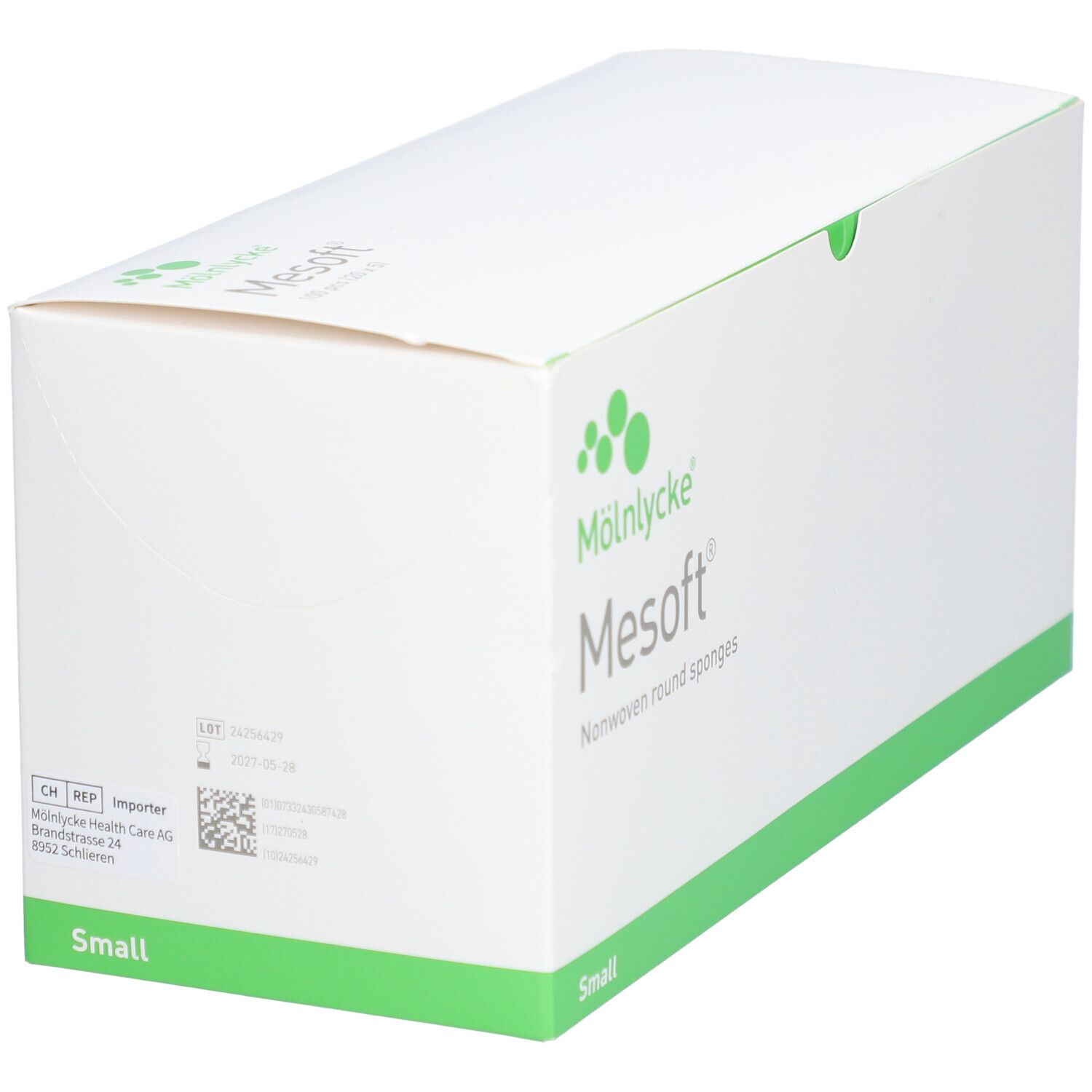 Weiße Verpackung mit grünem Akzent. Aufschrift: Mölnlycke Mesoft, Nonwoven round sponges. Aufschrift: Small. Mit QR-Code.