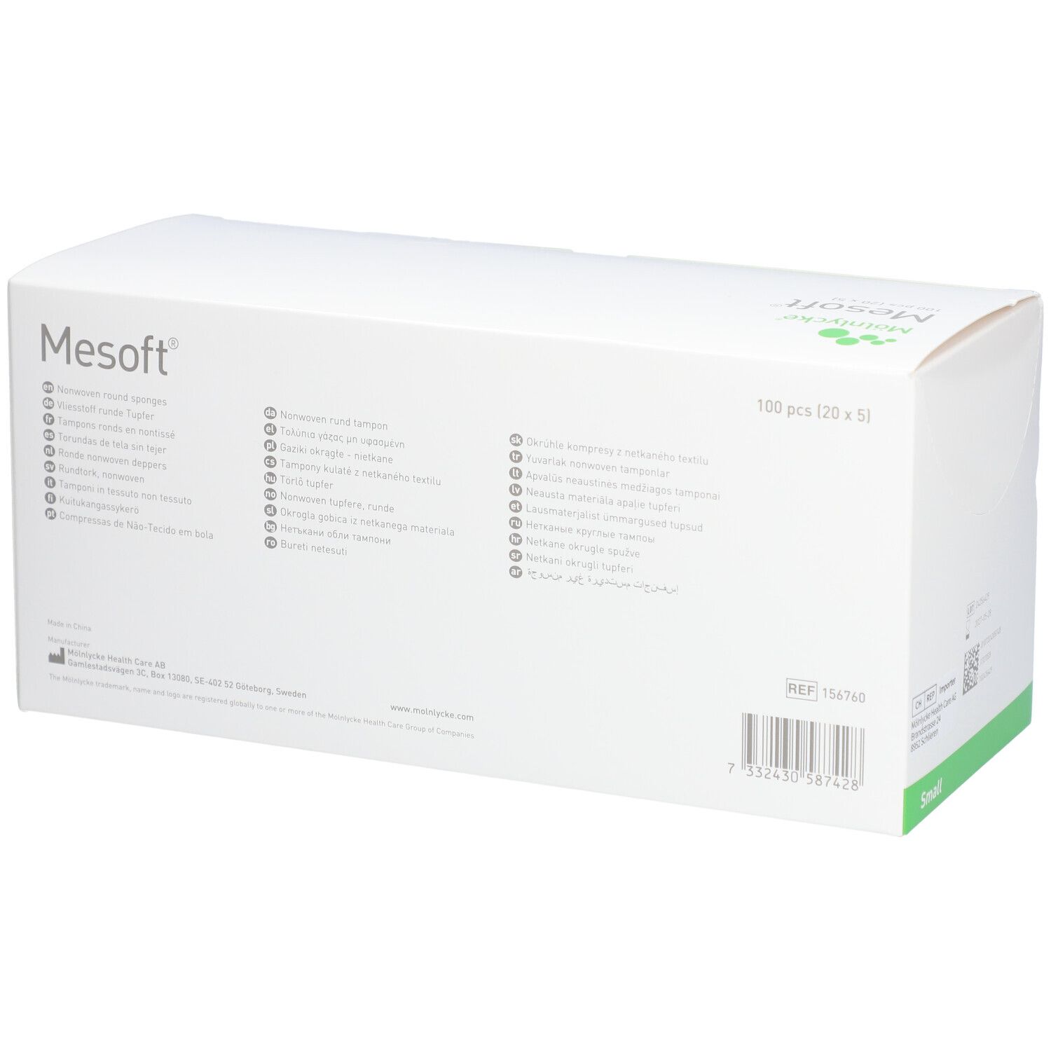 Weiße Verpackung mit grünem Akzent. Aufschrift: Mesoft. Rückseite mit Text in mehreren Sprachen. Aufschrift: 100 pcs 120 x 5 l. Aufschrift: Small.