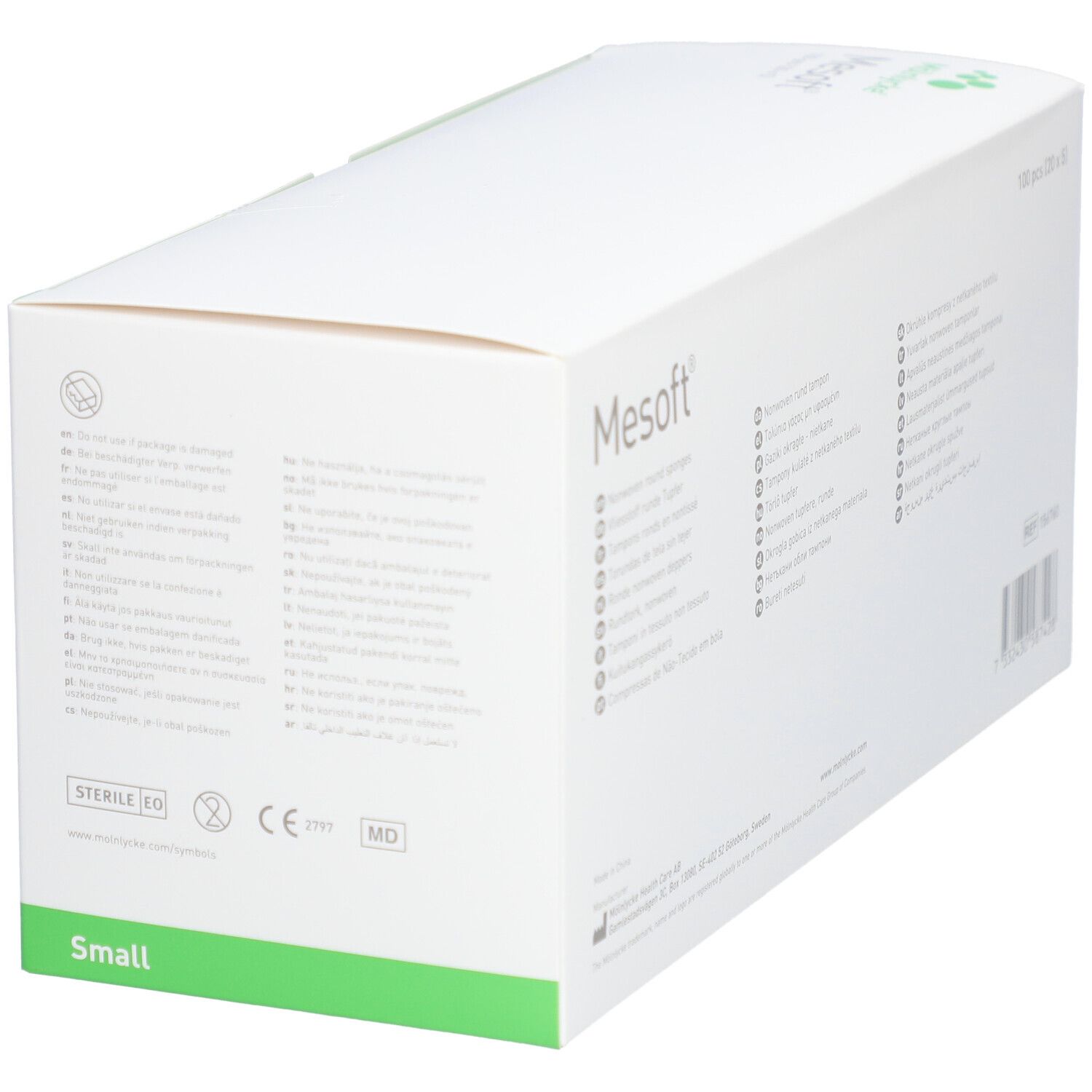 Weiße Verpackung mit grünem Akzent. Aufschrift: Mesoft. Aufschrift: STERILE EO, CE 2797, MD. Aufschrift: Small.