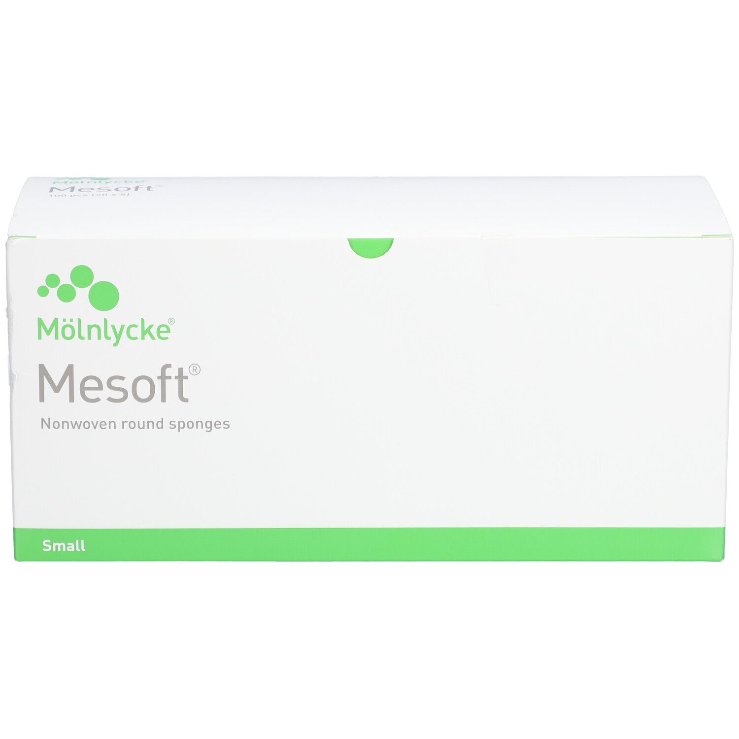 Weiße Verpackung mit grünem Akzent. Aufschrift: Mölnlycke Mesoft, Nonwoven round sponges. Aufschrift: Small.
