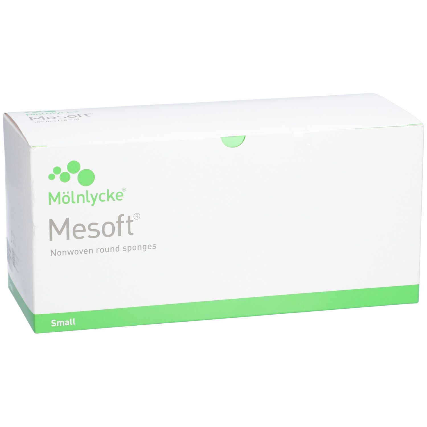 Weiße Verpackung mit grünem Akzent. Aufschrift: Mölnlycke Mesoft, Nonwoven round sponges. Aufschrift: Small.