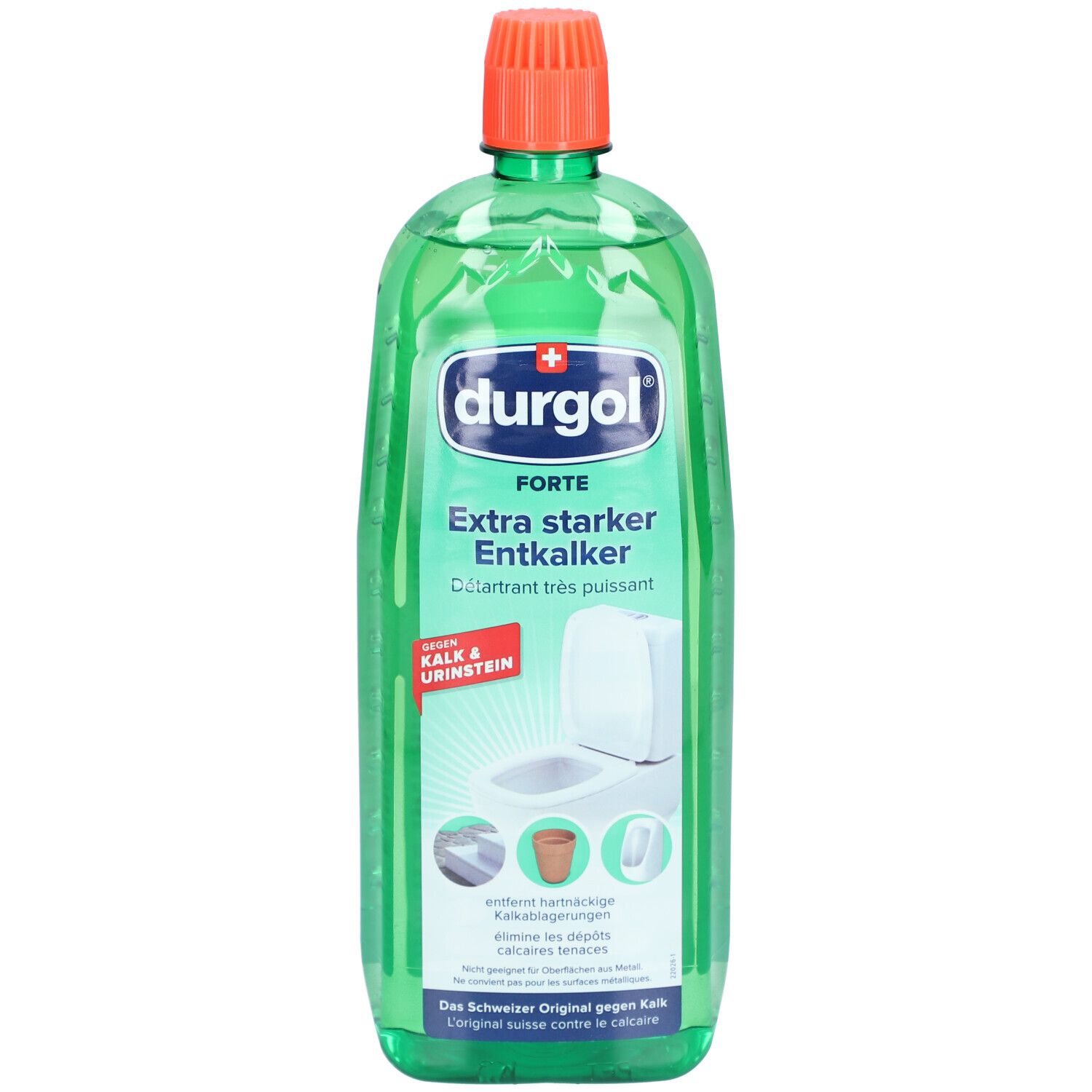 Grüne Flasche mit orangefarbenem Deckel. Etikett mit Produktnamen und Illustrationen. "durgol forte" und "Extra starker Entkalker" sichtbar.
