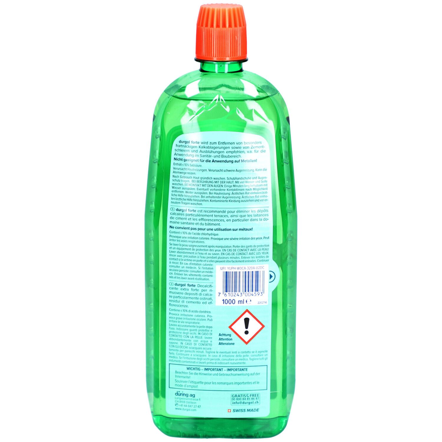 Rückseite einer grünen Flasche mit orangefarbenem Deckel. Etikett mit Text und Warnhinweisen. Volumenangabe: 1000 ml.