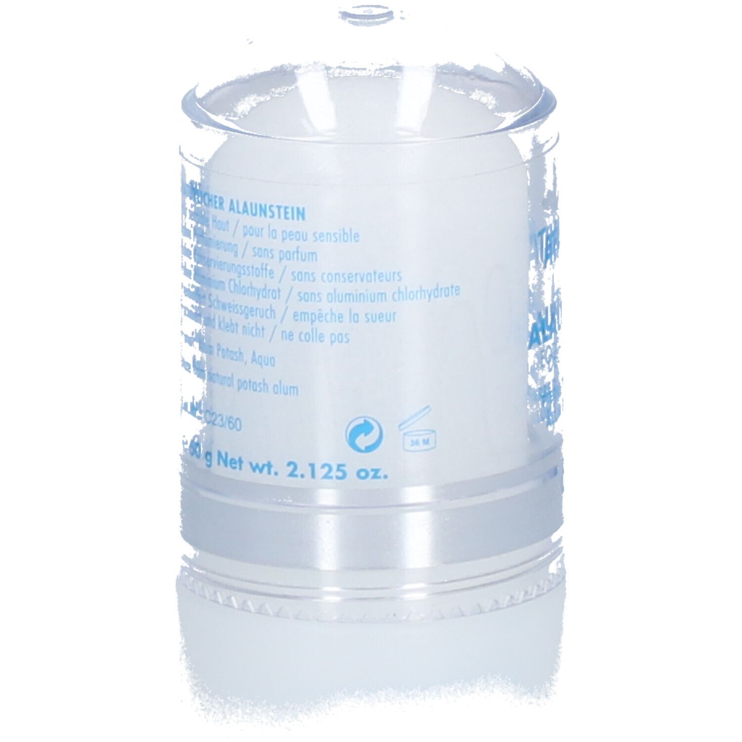Deo-roller met transparante deksel. Achterkant met productinfo en 60 g netto.