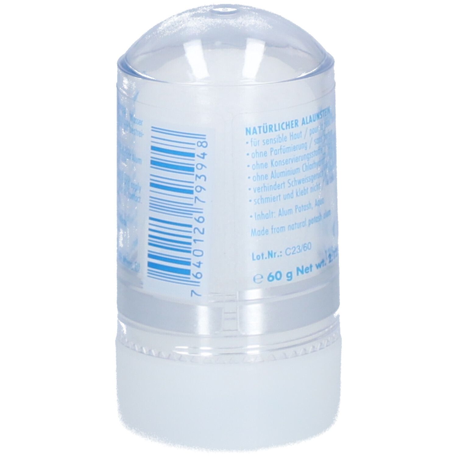 Deo-roller met transparante deksel. Achterkant met barcode en productinfo.