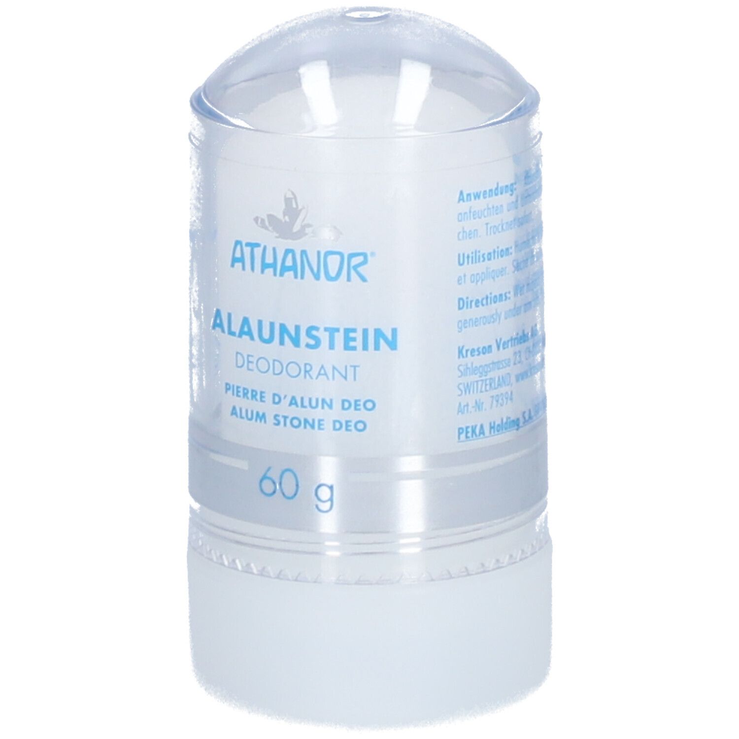 Deo-roller met transparante deksel. Opschrift: ATHANOR, Alaunstein Deo, 60 g. Achterkant met gebruiksaanwijzing.