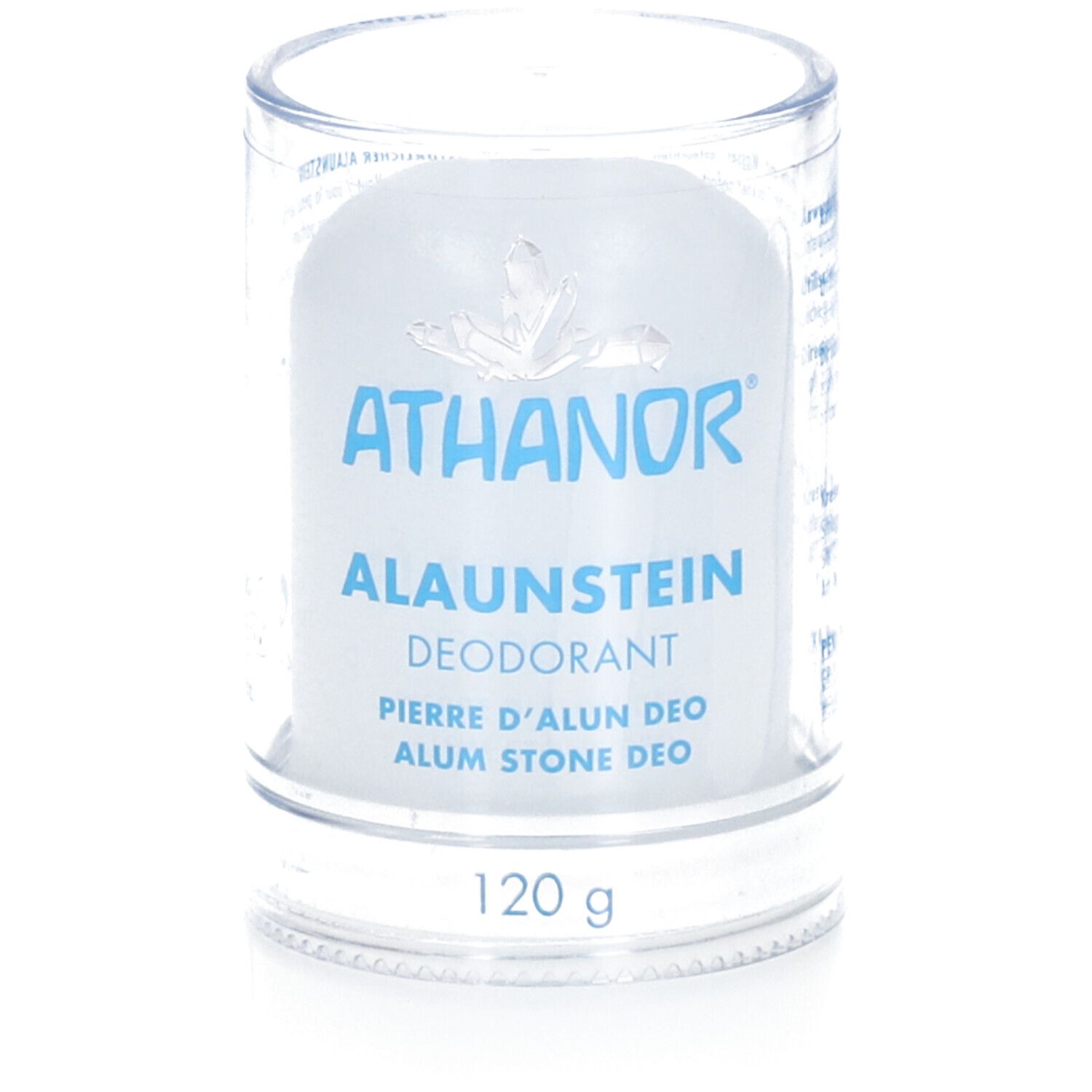Deo-Stein in transparenter Hülle. Blaue Schrift: ATHANOR, Alaunstein, Deodorant, 120 g. Produktname und Gewicht.