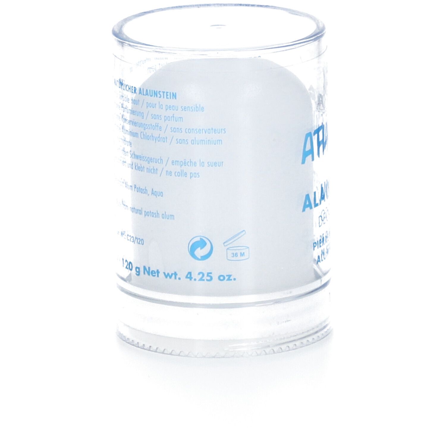 Deo-Stein in transparenter Hülle. Rückseite mit Text in mehreren Sprachen. Gewicht: 120 g Netto, 4.25 oz.