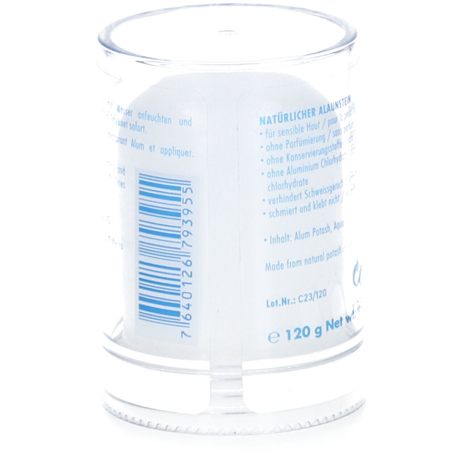 Deo-Stein in transparenter Hülle. Rückseite mit Text und Barcode. Gewicht: 120 g. Herstellerinformationen.
