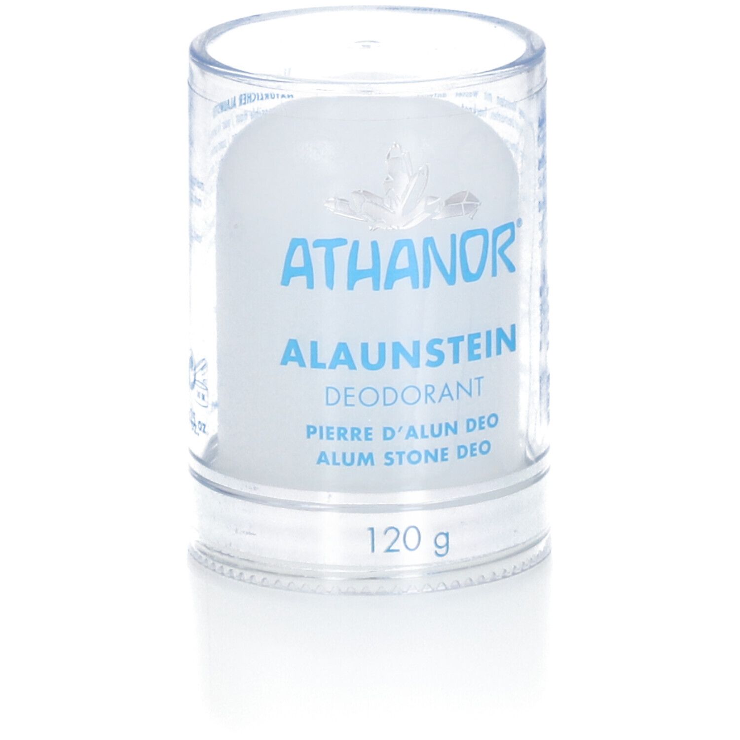 Deo-Stein in transparenter Hülle. Blaue Schrift: ATHANOR, Alaunstein, Deodorant, 120 g. Produktname und Gewicht.
