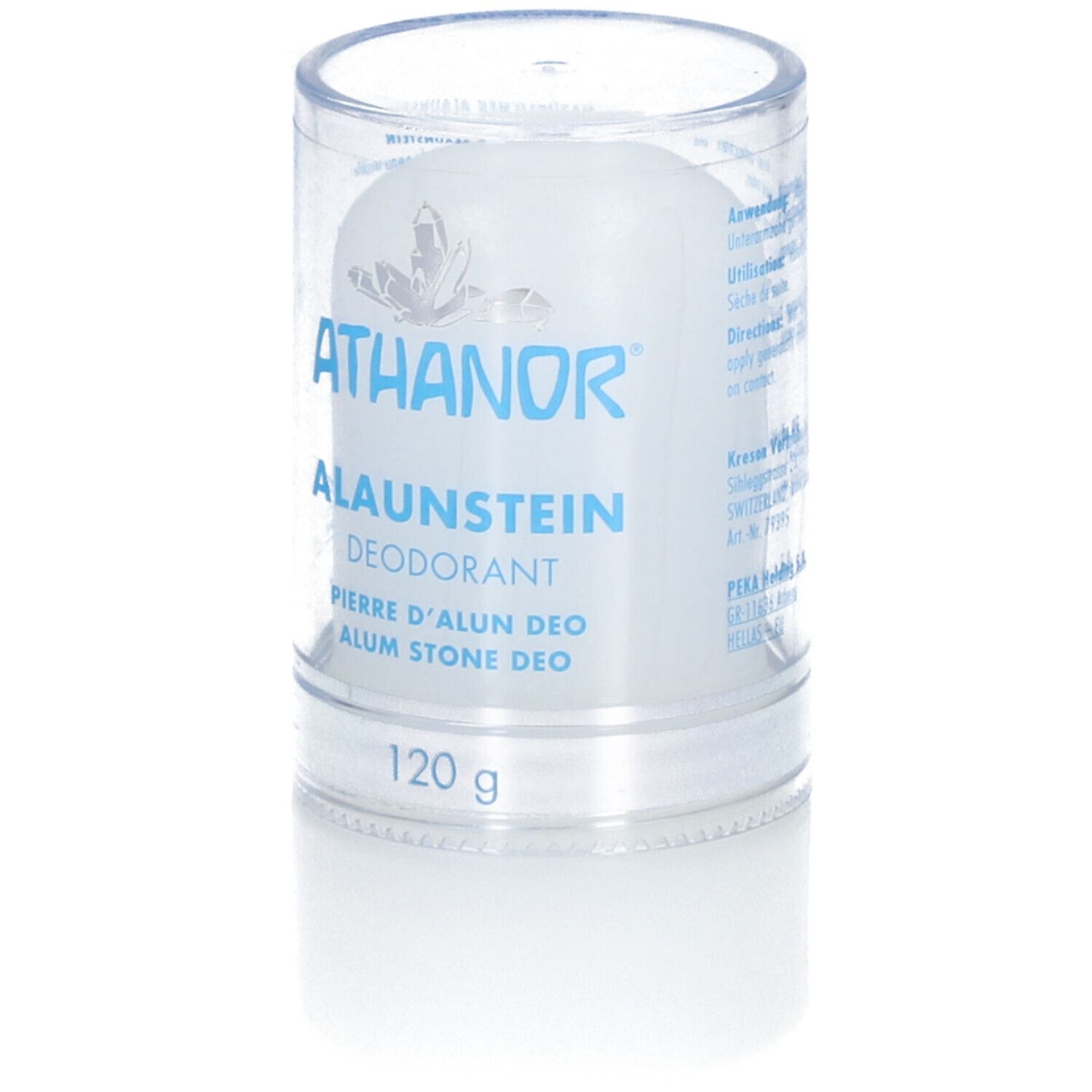 Deo-Stein in transparenter Hülle. Blaue Schrift: ATHANOR, Alaunstein, Deodorant, 120 g. Produktname und Gewicht.