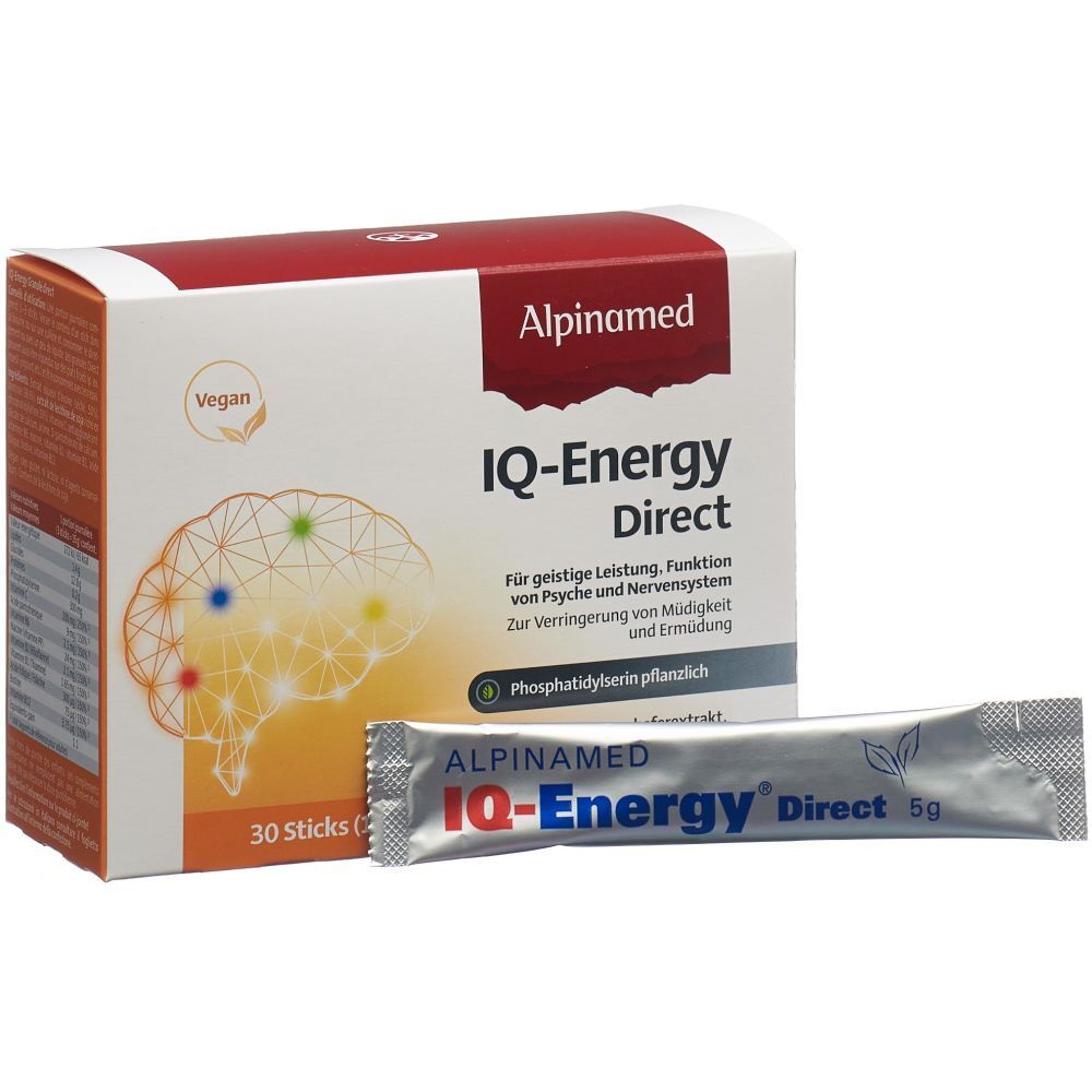 Alpinamed IQ-Energy Direct. Packung und ein Stick. Stick mit Produktnamen. Vegan-Siegel auf der Packung. Gehirn-Illustration.