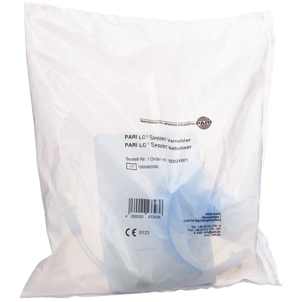 Vernebler in Plastikverpackung. Aufdruck: PARI LC Sprint Vernebler, Bestell-Nr., Chargennummer, CE-Kennzeichnung.