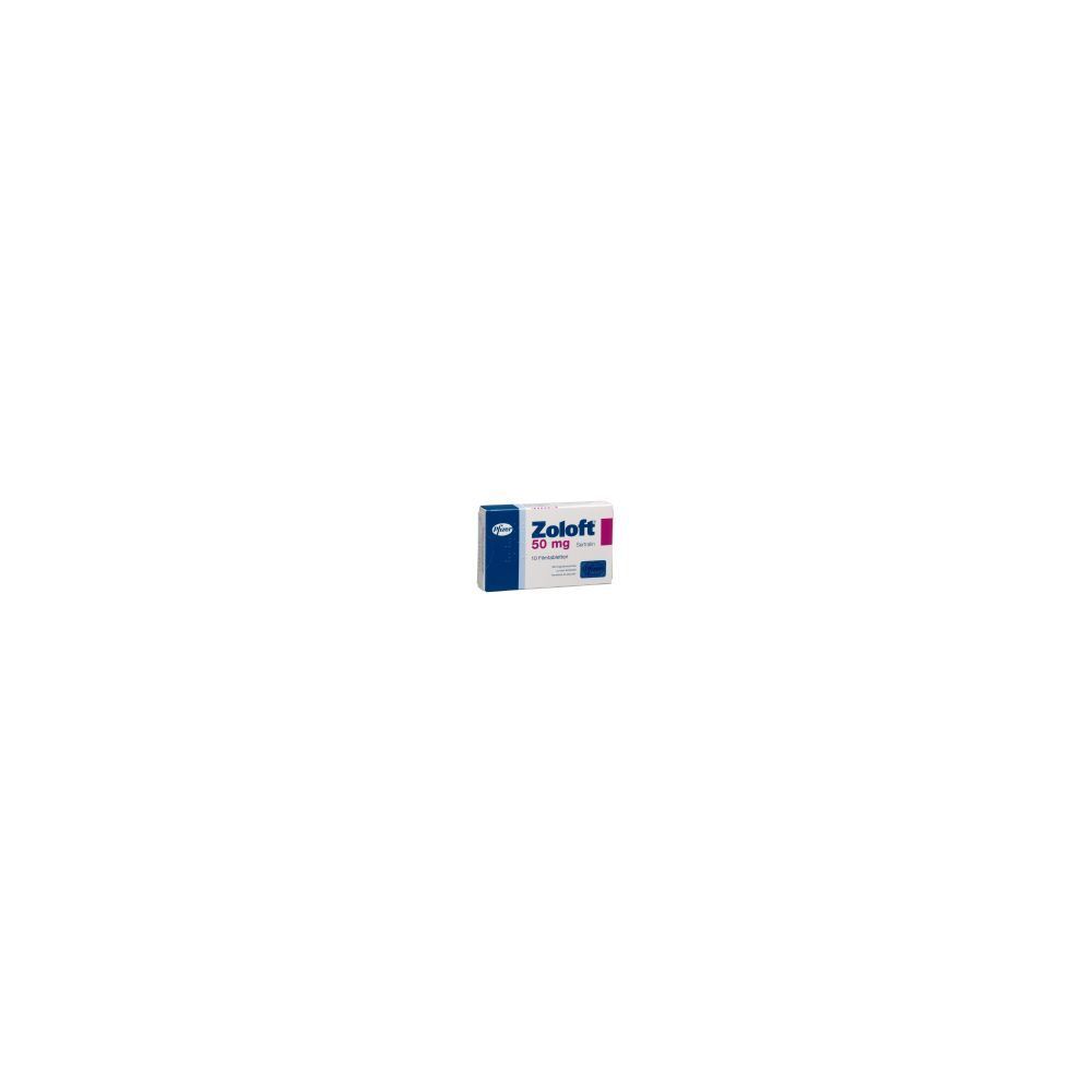 ZOLOFT Filmtabl 50 mg Packung. Weiß-blau-rote Verpackung. Schriftzug ZOLOFT und 50 mg deutlich sichtbar.