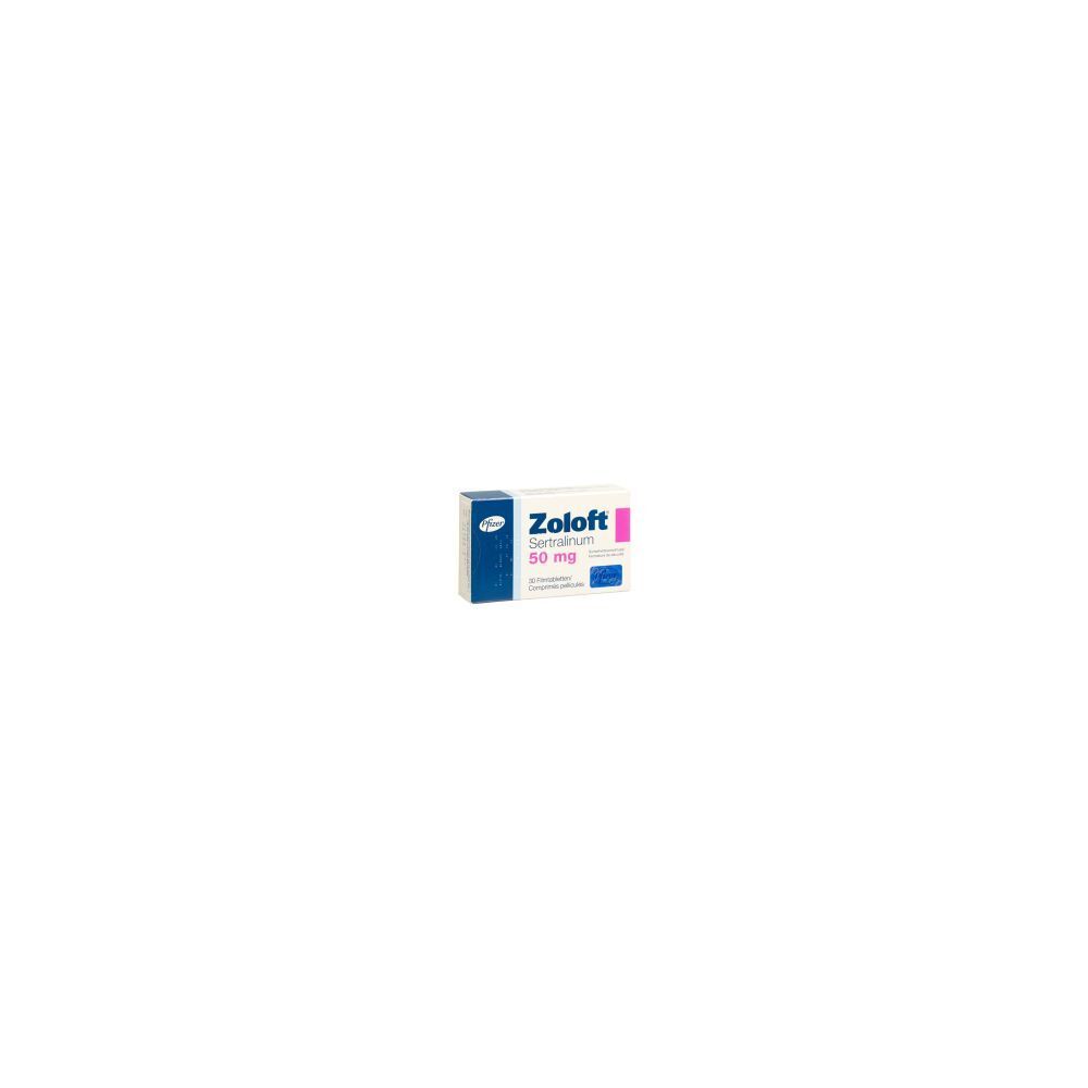 Karton mit Zoloft Filmtabl 50 mg. Weißer Karton mit blauen und rosa Akzenten. Aufschrift: Zoloft, 50 mg.