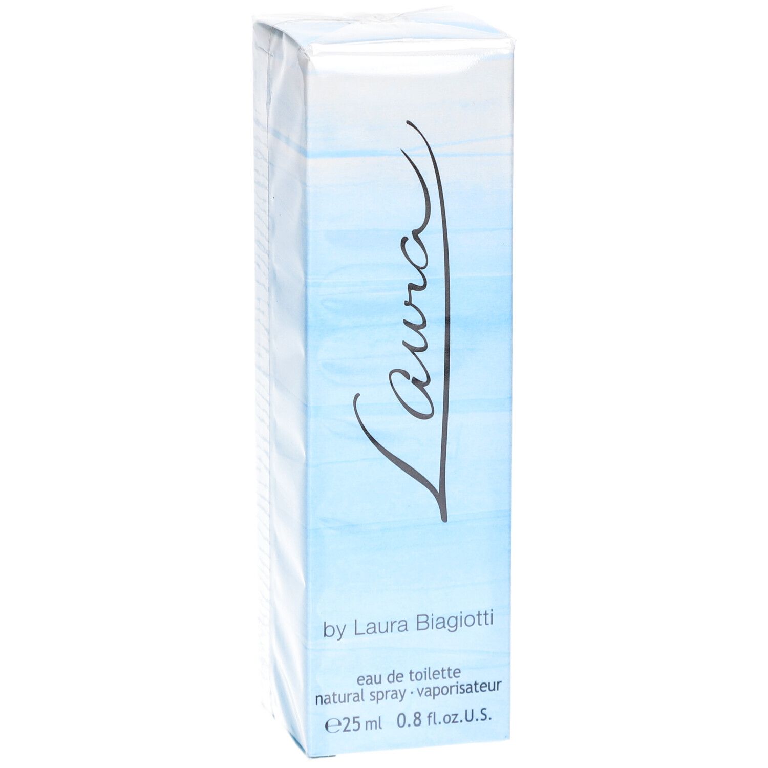 Hellblaue Schachtel mit "Laura"-Schriftzug. "Eau de toilette" und "25 ml" sind sichtbar.
