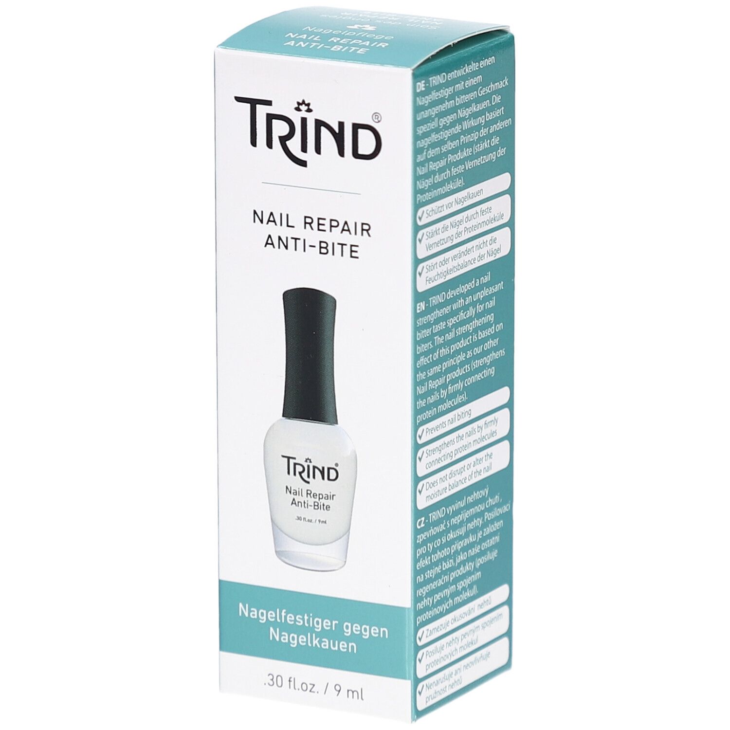 Schachtel mit TRIND Nail Repair Anti-Bite. Flasche mit weißem Nagellack und schwarzem Deckel. Text: Nagelfestiger gegen Nagelkauern.