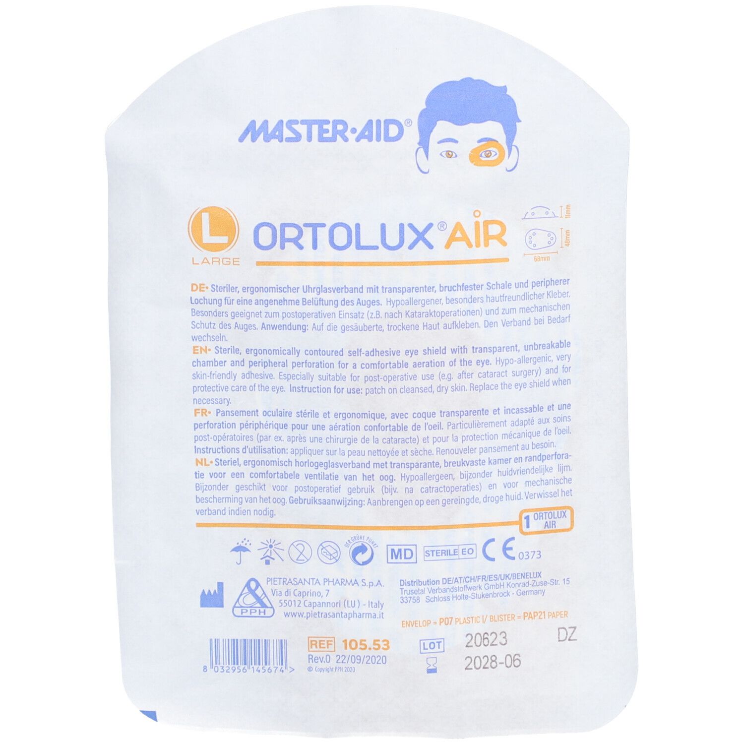 Emballage avec texte et logo. Nom du produit : Ortolux Air. Taille : L. Marque : Master-Aid. Avec marquage CE.
