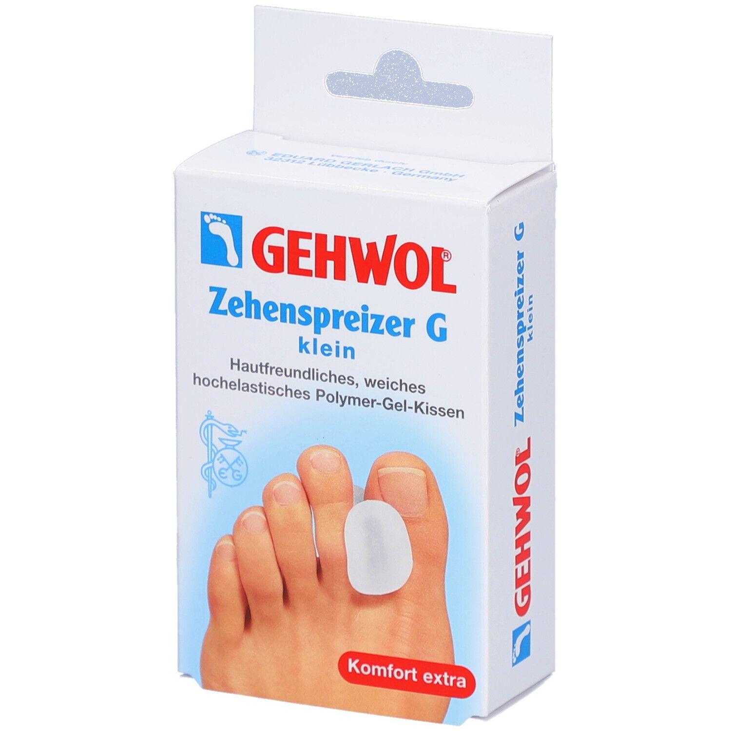 GEHWOL Zehenspreizer G klein. Weiße Verpackung mit Produktabbildung und Fuß. Komfort extra.