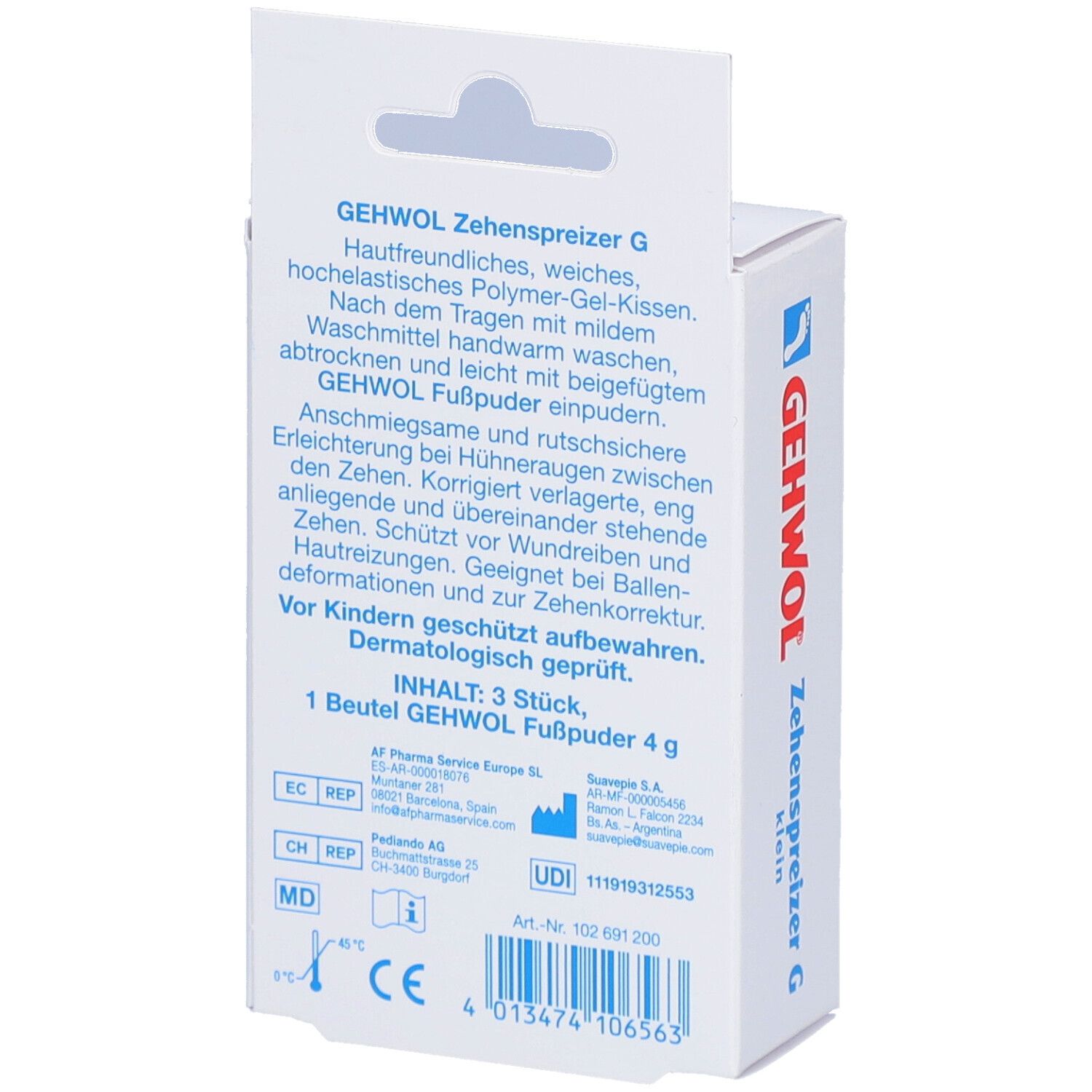 Rückseite der Verpackung. Textinformationen zu GEHWOL Zehenspreizer G klein. Inhaltsangabe: 3 Stück, Fußpuder.