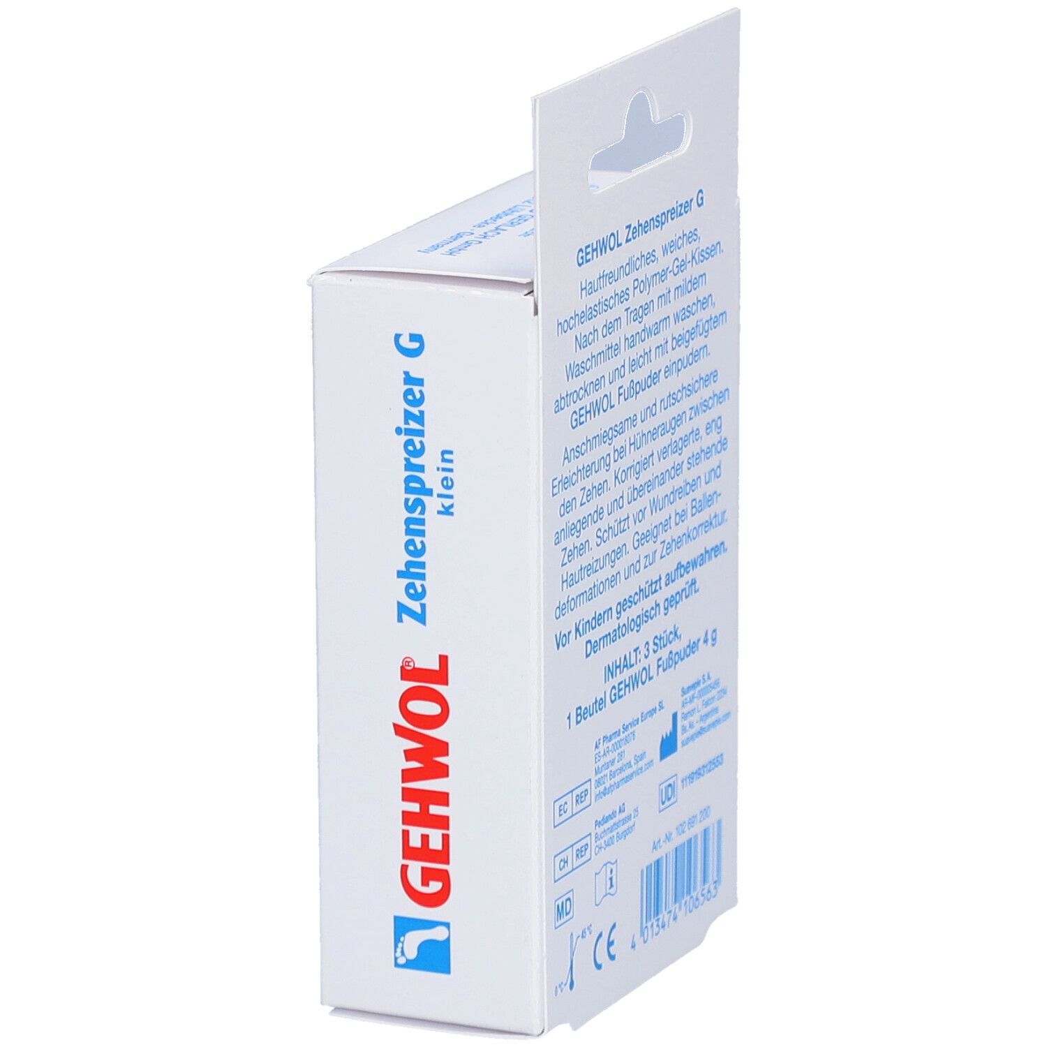 Seitenansicht der Verpackung. Textinformationen zu GEHWOL Zehenspreizer G klein. CE-Kennzeichnung.