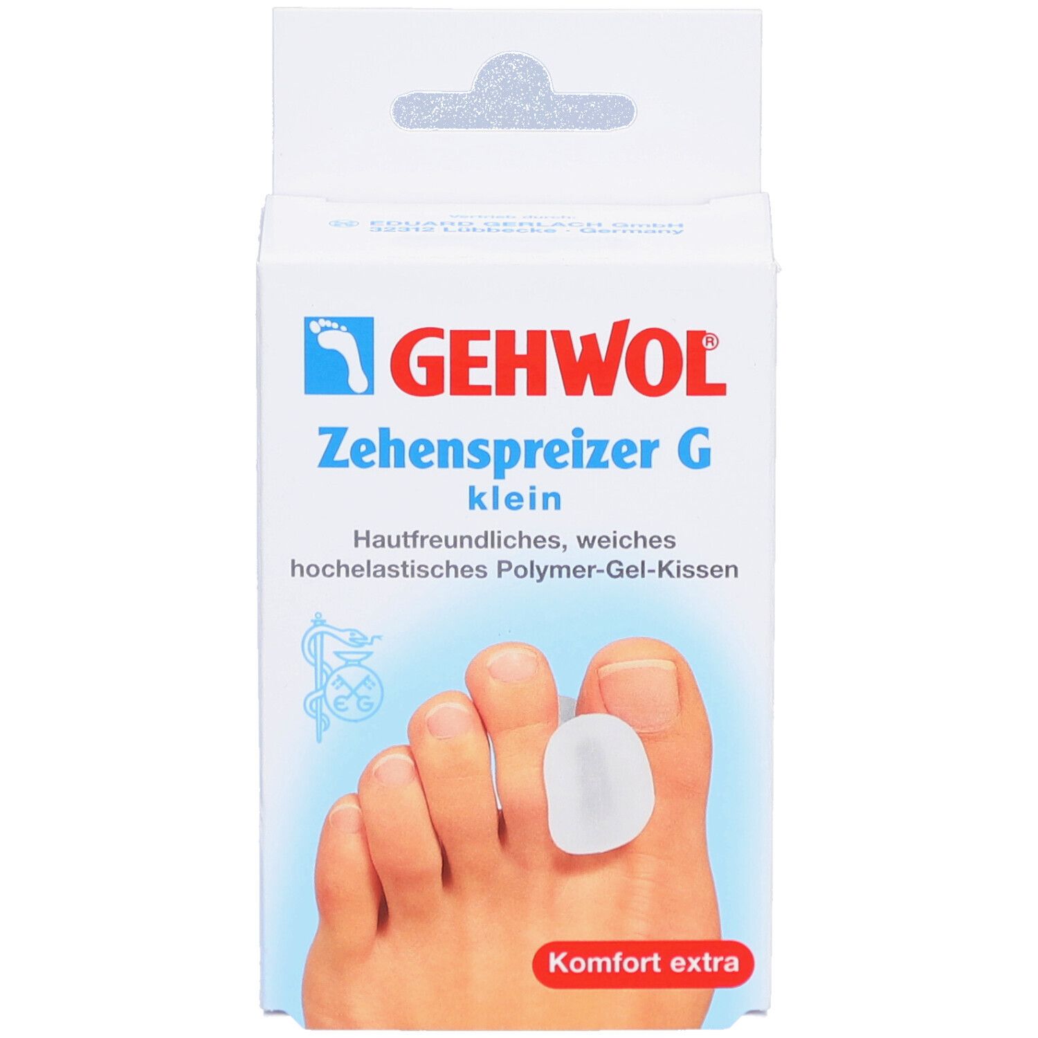 GEHWOL Zehenspreizer G klein. Weiße Verpackung mit Produktabbildung und Fuß. Komfort extra.