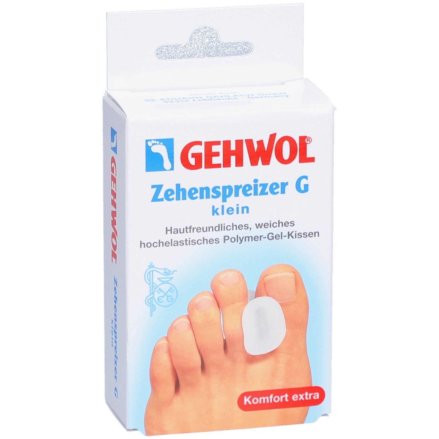 GEHWOL Zehenspreizer G klein. Weiße Verpackung mit Produktabbildung und Fuß. Komfort extra.