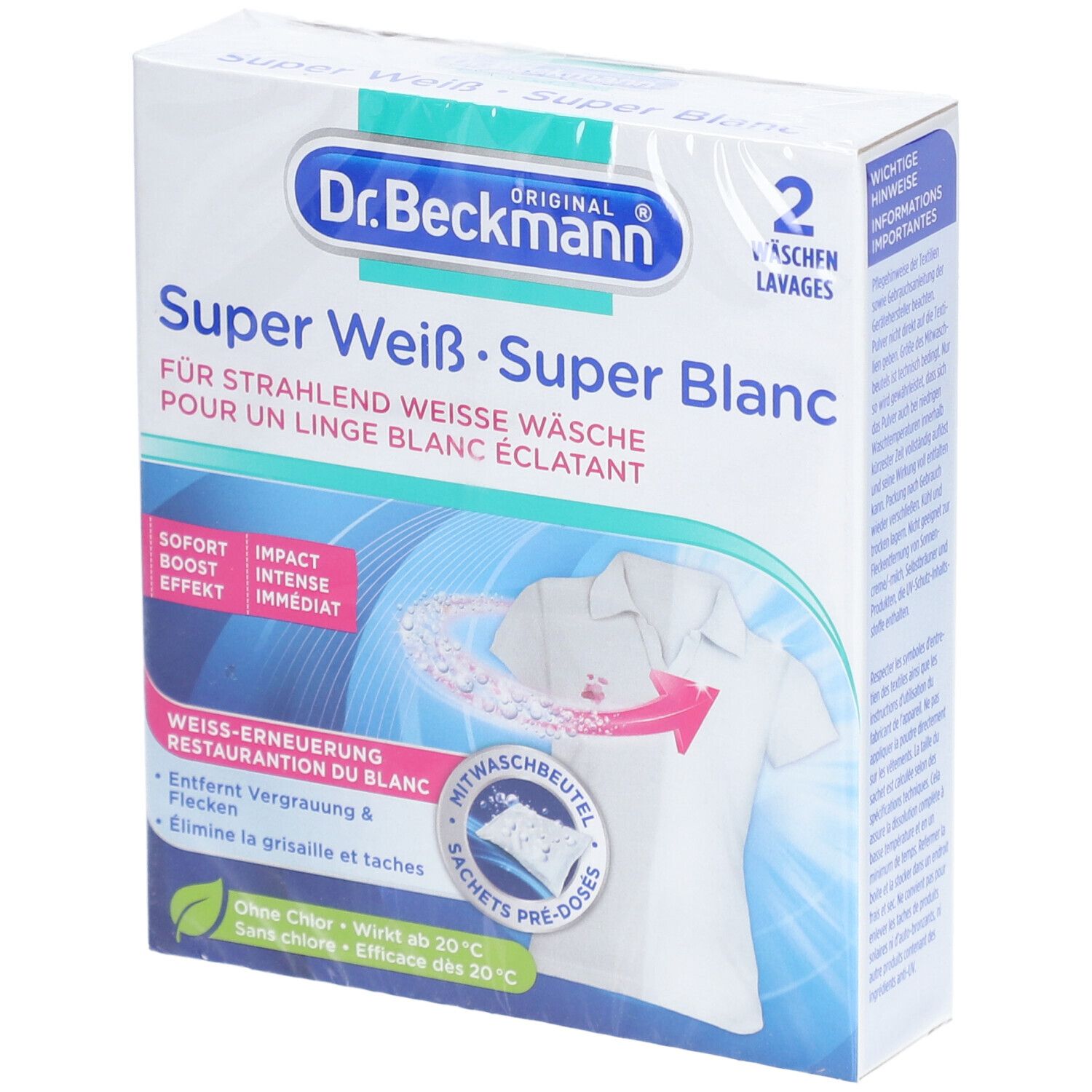 Emballage Dr. Beckmann Super Blanc. Contient du détergent pour le linge blanc. Illustration d'un t-shirt blanc.