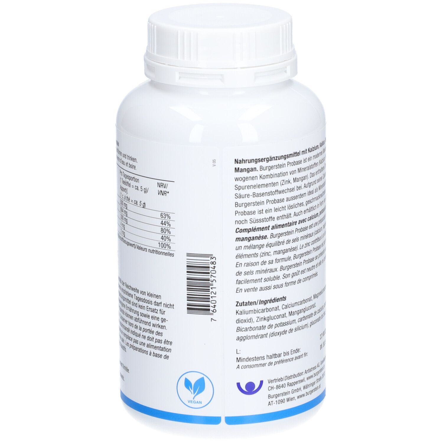 Rückseite der weißen Flasche. Textinformationen zu Inhaltsstoffen und Nährwerten. Vegan-Siegel.