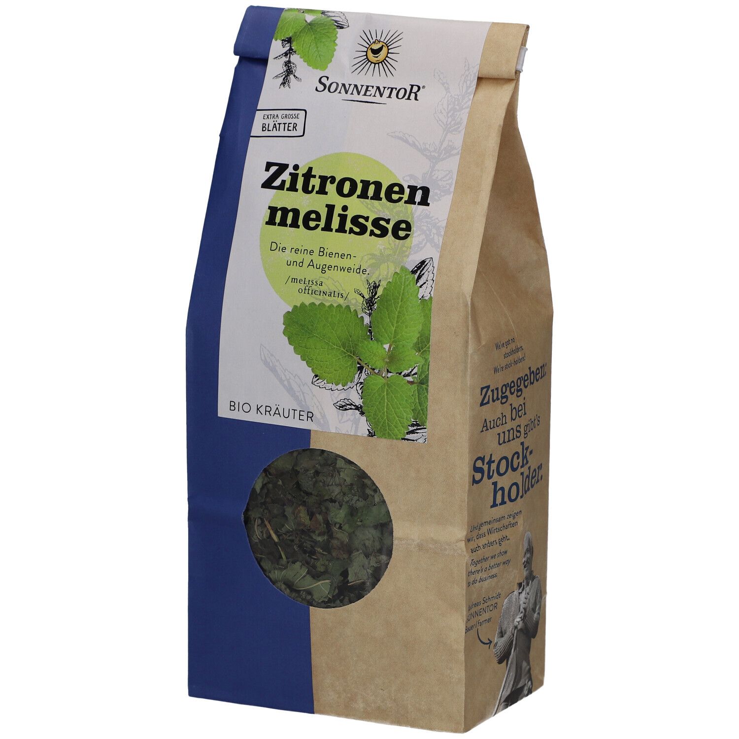 Sonnentor Bio-Zitronenmelisse in Papierverpackung. Sichtfenster zeigt getrocknete Blätter. Aufdruck: Zitronenmelisse, Bio Kräuter.