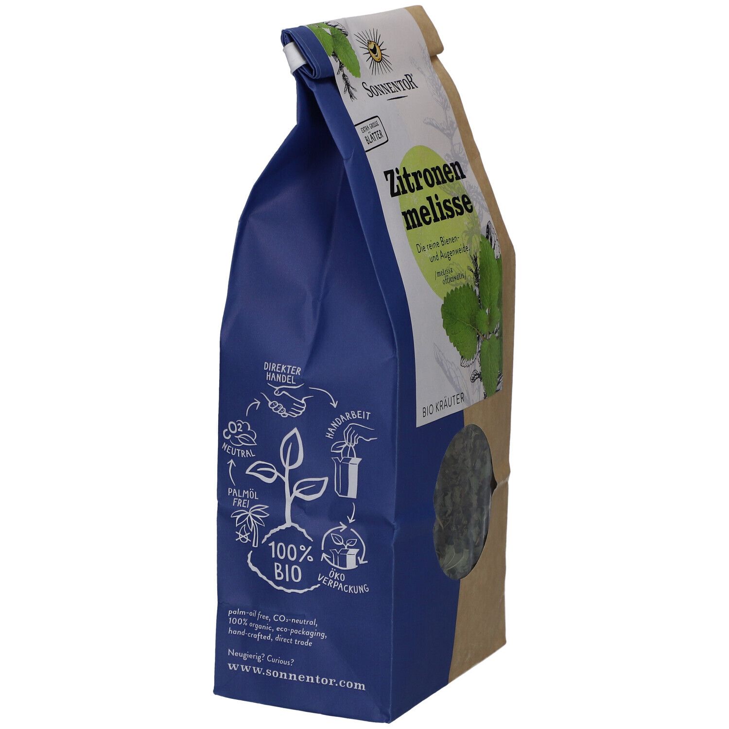 Sonnentor Bio-Zitronenmelisse. Verpackung aus Papier und blauem Karton. Aufdruck: 100% Bio, Palmölfrei, CO2-neutral, etc.
