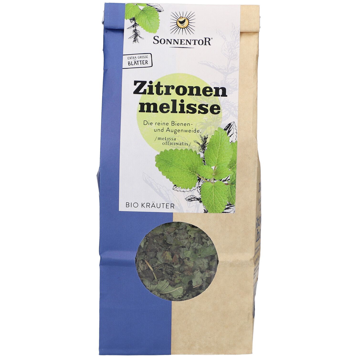 Sonnentor Bio-Zitronenmelisse in Papierverpackung. Sichtfenster zeigt getrocknete Blätter. Aufdruck: Zitronenmelisse, Bio Kräuter.