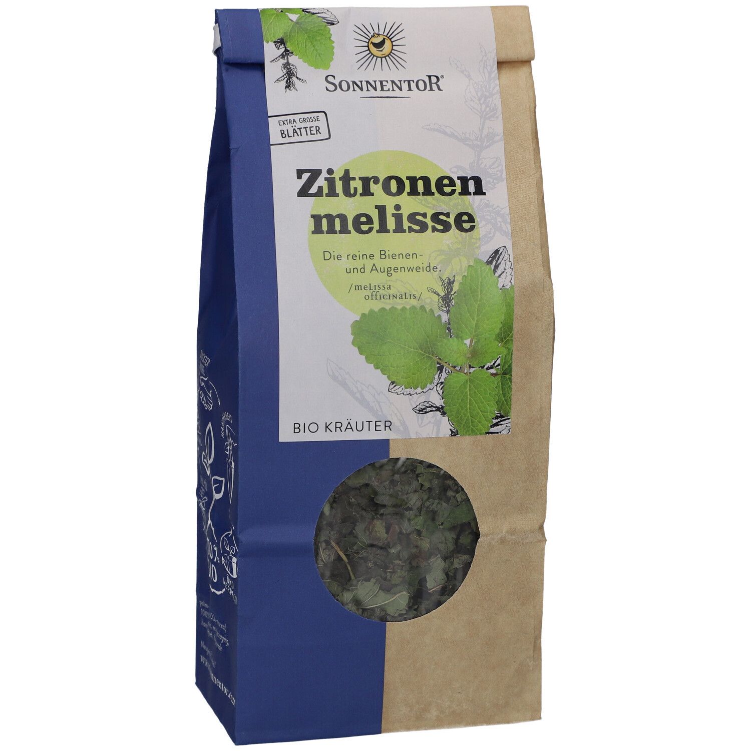 Sonnentor Bio-Zitronenmelisse in Papierverpackung. Sichtfenster zeigt getrocknete Blätter. Aufdruck: Zitronenmelisse, Bio Kräuter.