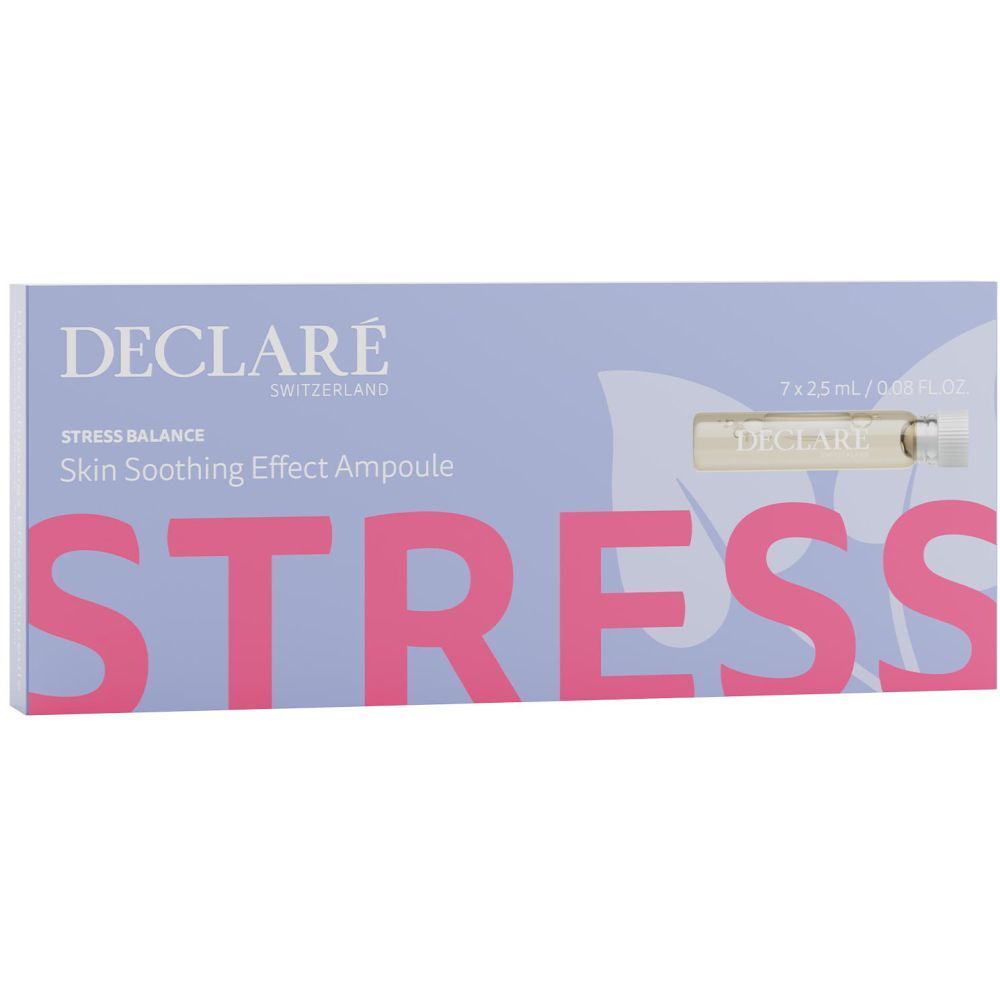 Packung Declare Hautberuhigungs Effect Ampulle. Text: Stress, Skin Soothing Effect Ampoule. Enthält eine Ampulle.