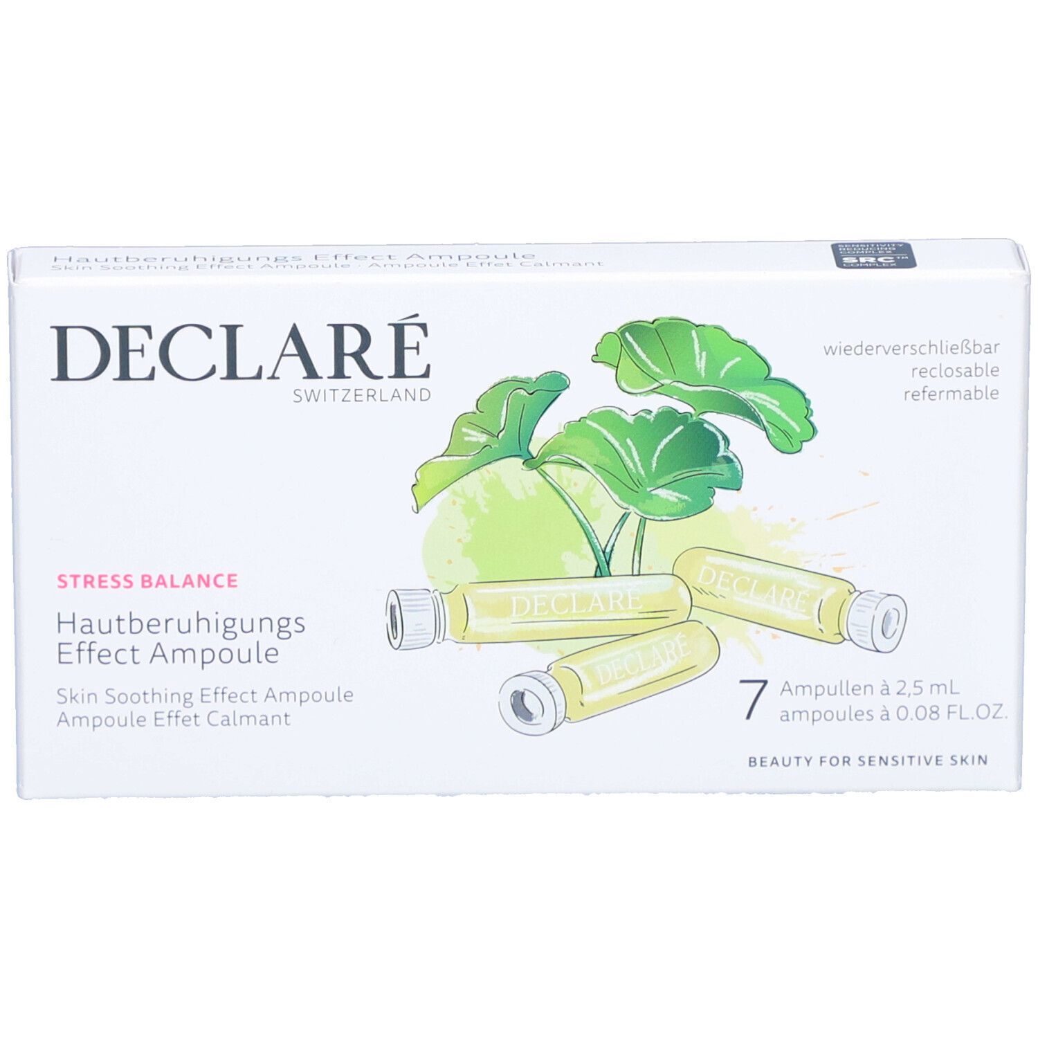 Weißer Karton mit DECLARÉ-Logo und Ampullen-Abbildung. Text: Stress Balance, Hautberuhigungs-Effect Ampulle. 7 Ampullen.