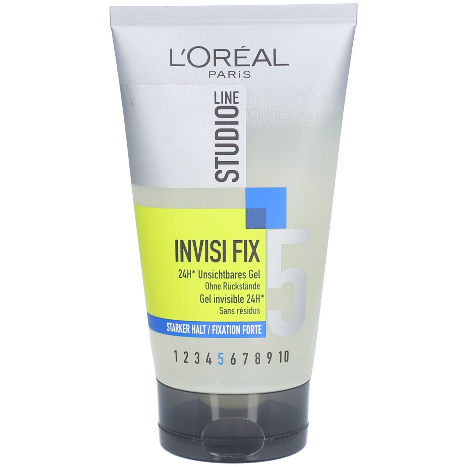 Tube de gel L'Oréal Paris Studio Line. Inscription : INVISI FIX, gel invisible 24H. Échelle 1-10.
