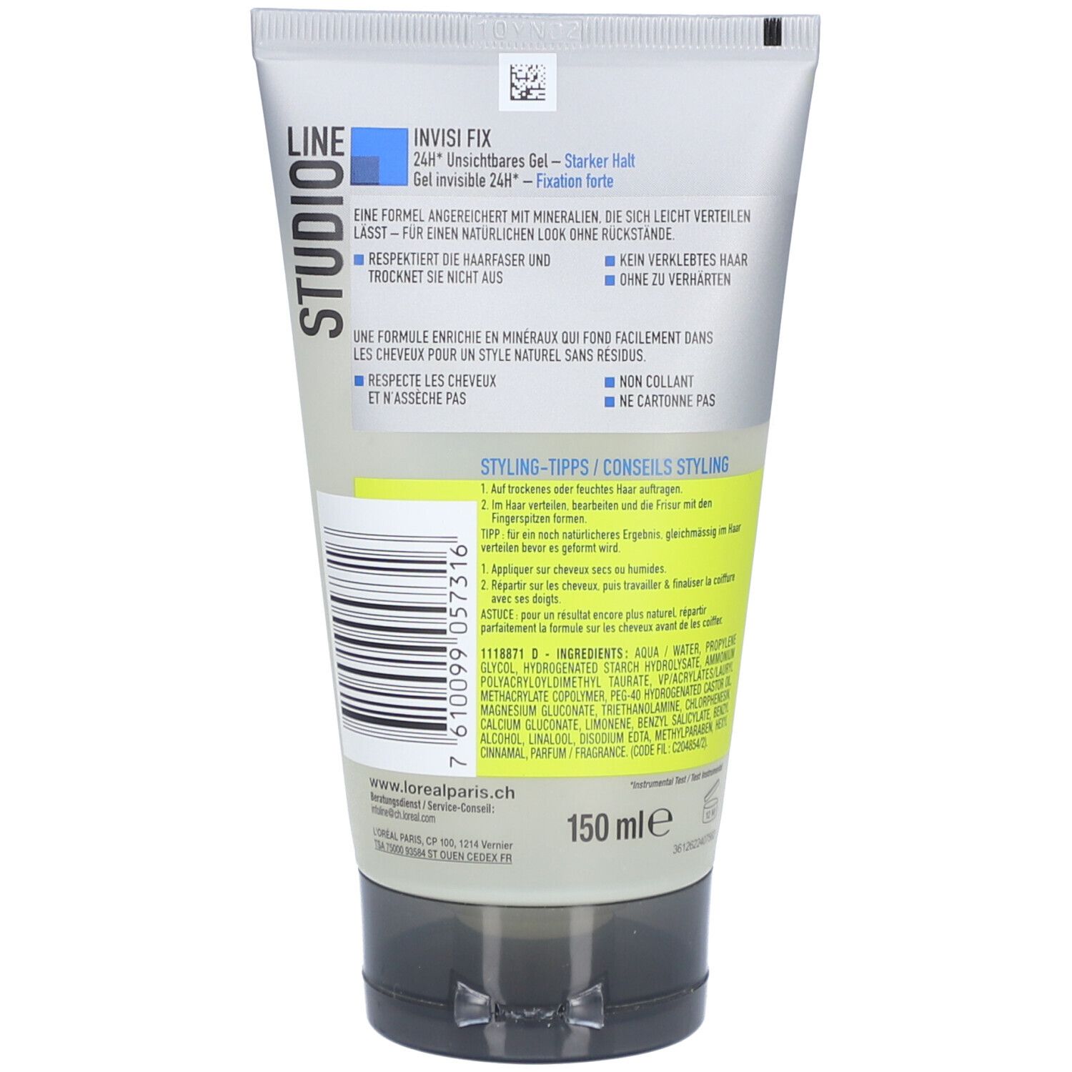 Dos du tube de gel L'Oréal Paris Studio Line. Texte, ingrédients, code-barres et indication de volume.