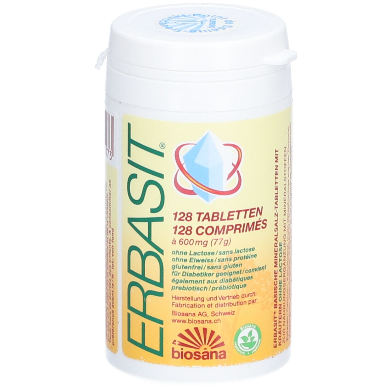 Weißes Tabletten-Behältnis mit gelbem Etikett. Aufschrift: ERBASIT, 128 Tabletten, ohne Laktose, glutenfrei. Logo: Biosana.