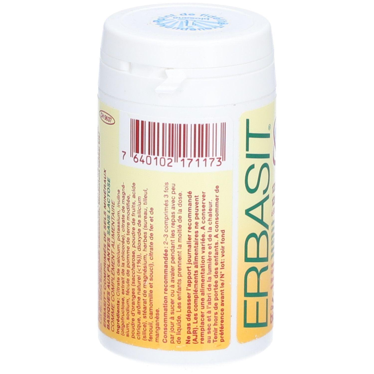 Rückseite der Tabletten-Dose. Barcode und Textinformationen. Aufschrift: ERBASIT. Hersteller- und Vertriebsinformationen.