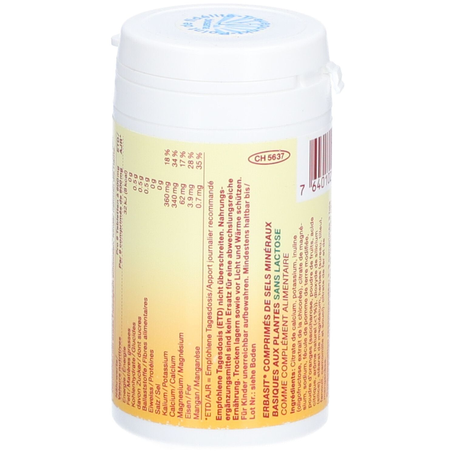 Rückseite der Tabletten-Dose. Textinformationen und Nährwertangaben. Aufschrift: ERBASIT. CH 5637.