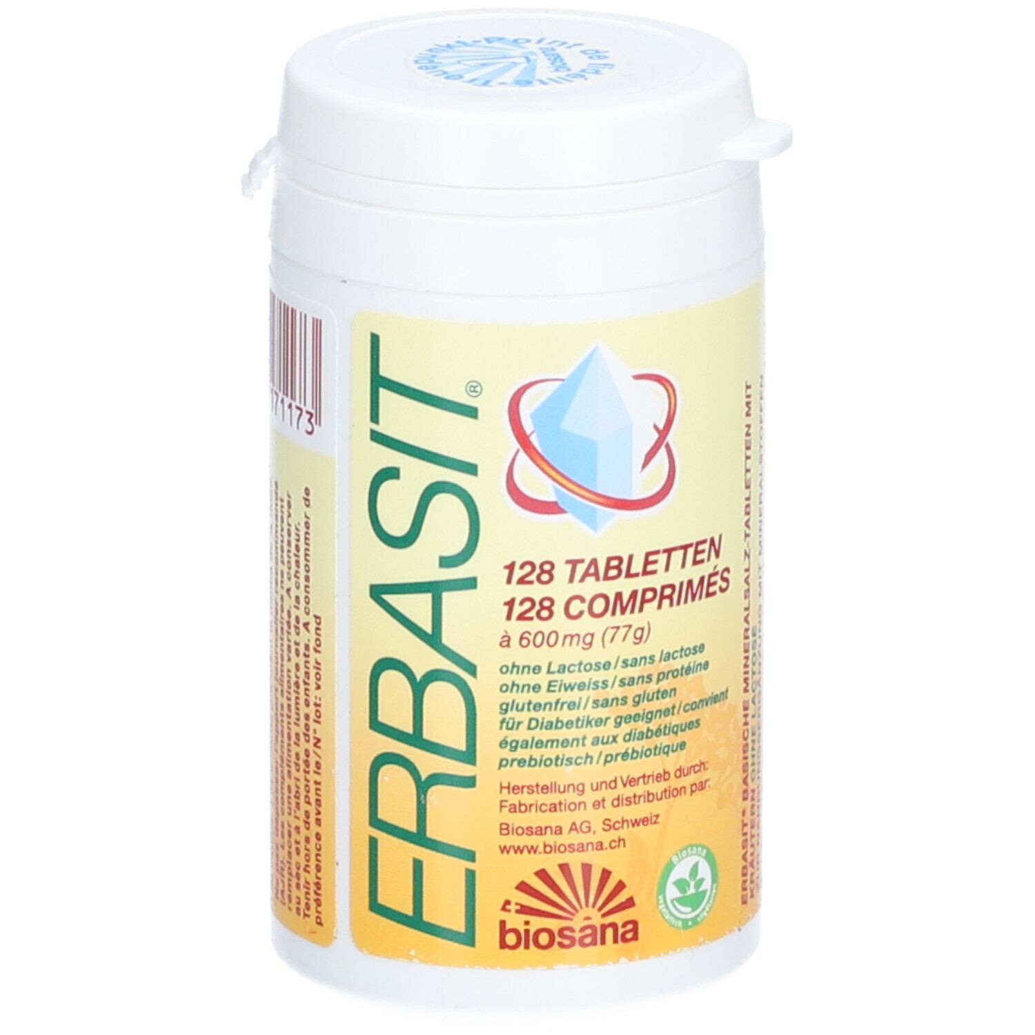 Tabletten-Behältnis mit gelbem Etikett. Aufschrift: ERBASIT, 128 Tabletten, ohne Laktose, glutenfrei. Logo: Biosana.