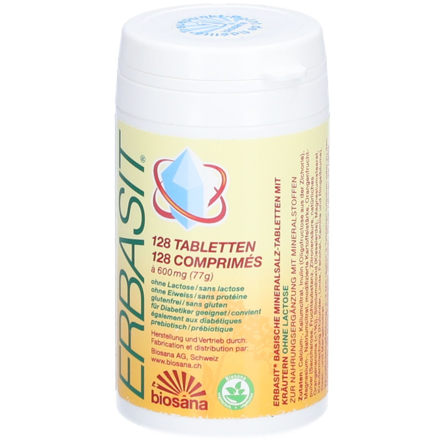 Tabletten-Behältnis mit gelbem Etikett. Aufschrift: ERBASIT, 128 Tabletten, ohne Laktose, glutenfrei. Logo: Biosana.