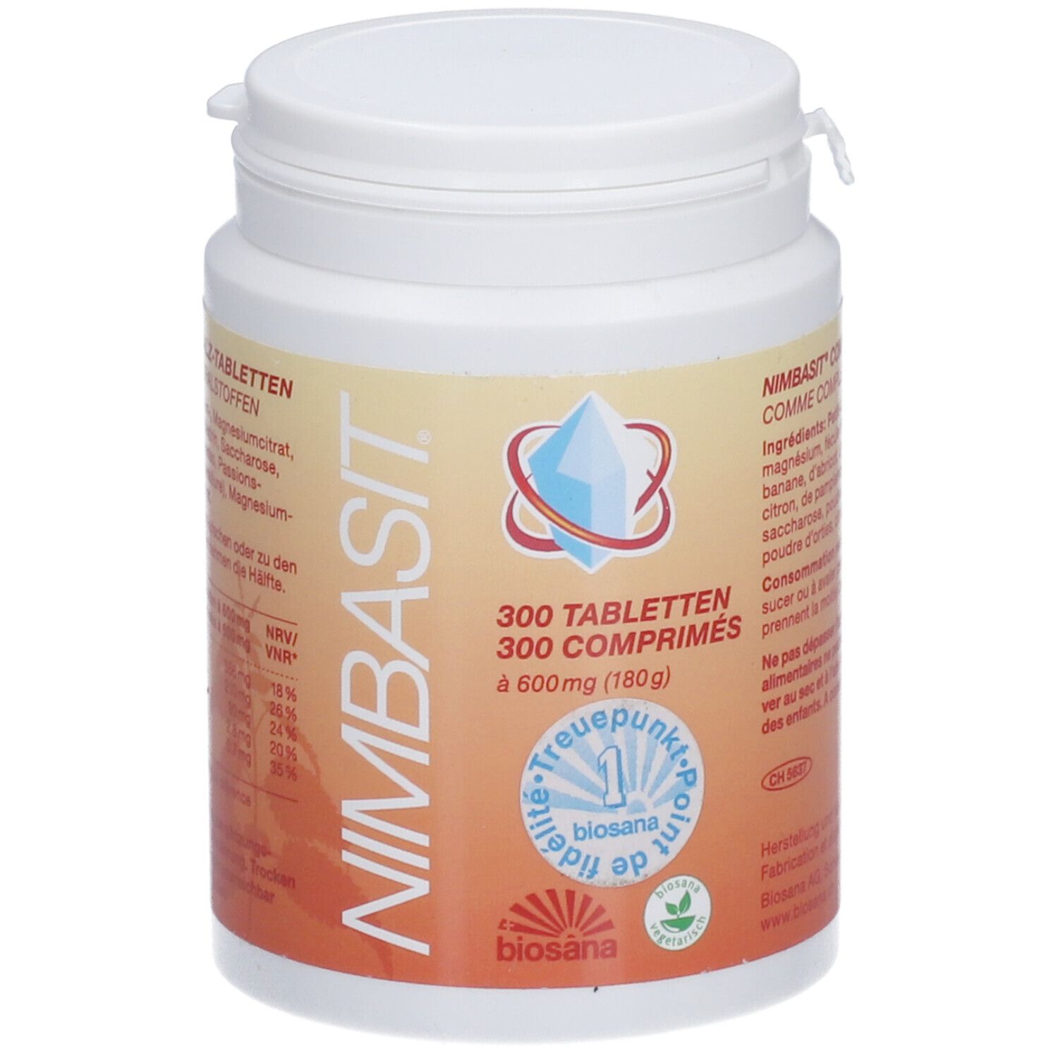 Boîte blanche avec NIMBASIT imprimé. 300 comprimés, 600mg. Logo cristal bleu. Logo Biosana.