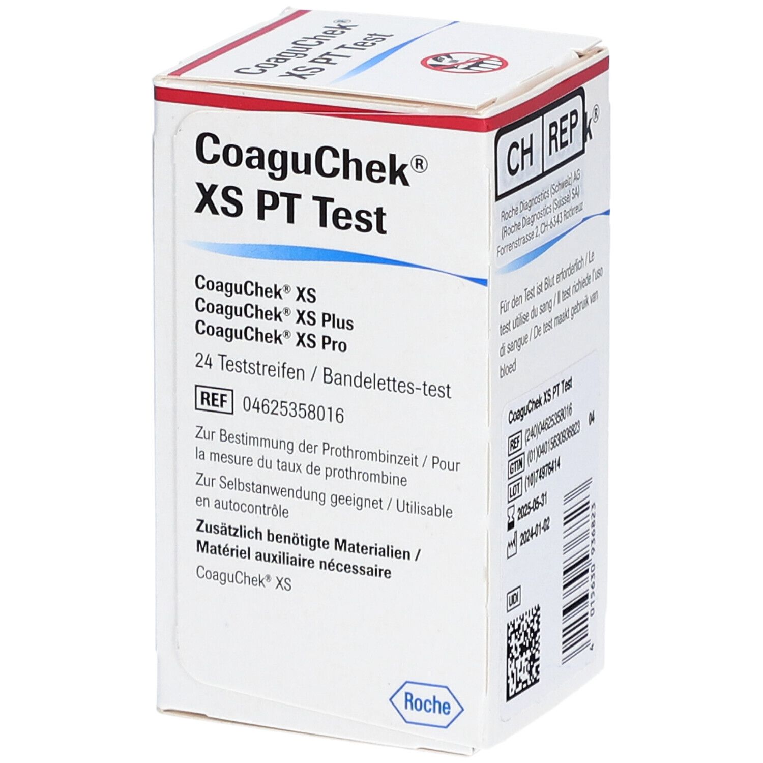 Karton mit CoaguChek XS PT Teststreifen. Aufschrift: 24 Teststreifen. Roche-Logo und QR-Code.