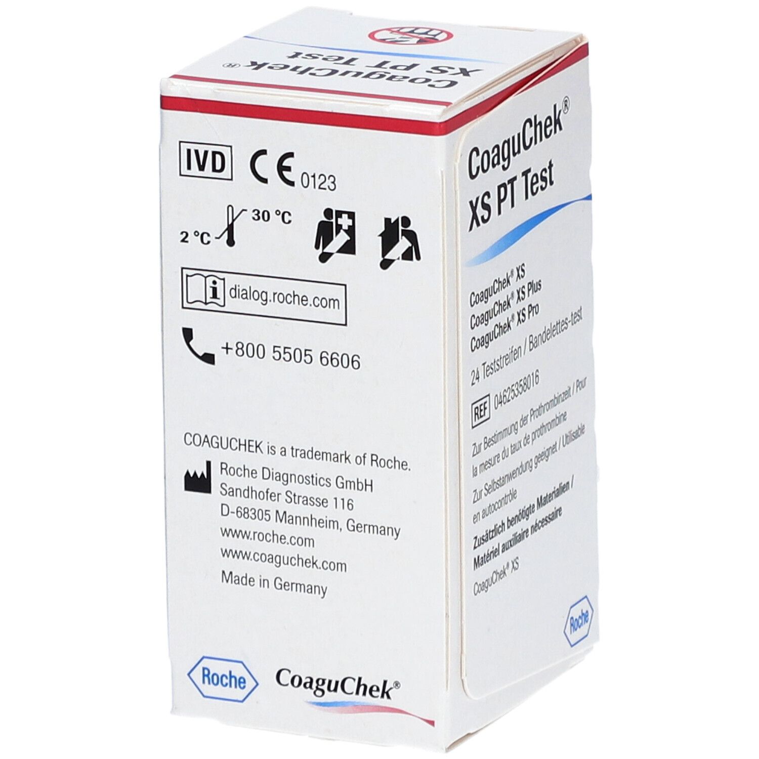 Karton mit CoaguChek XS PT Teststreifen. Aufschrift: 24 Teststreifen. CE-Kennzeichnung und Roche-Logo.