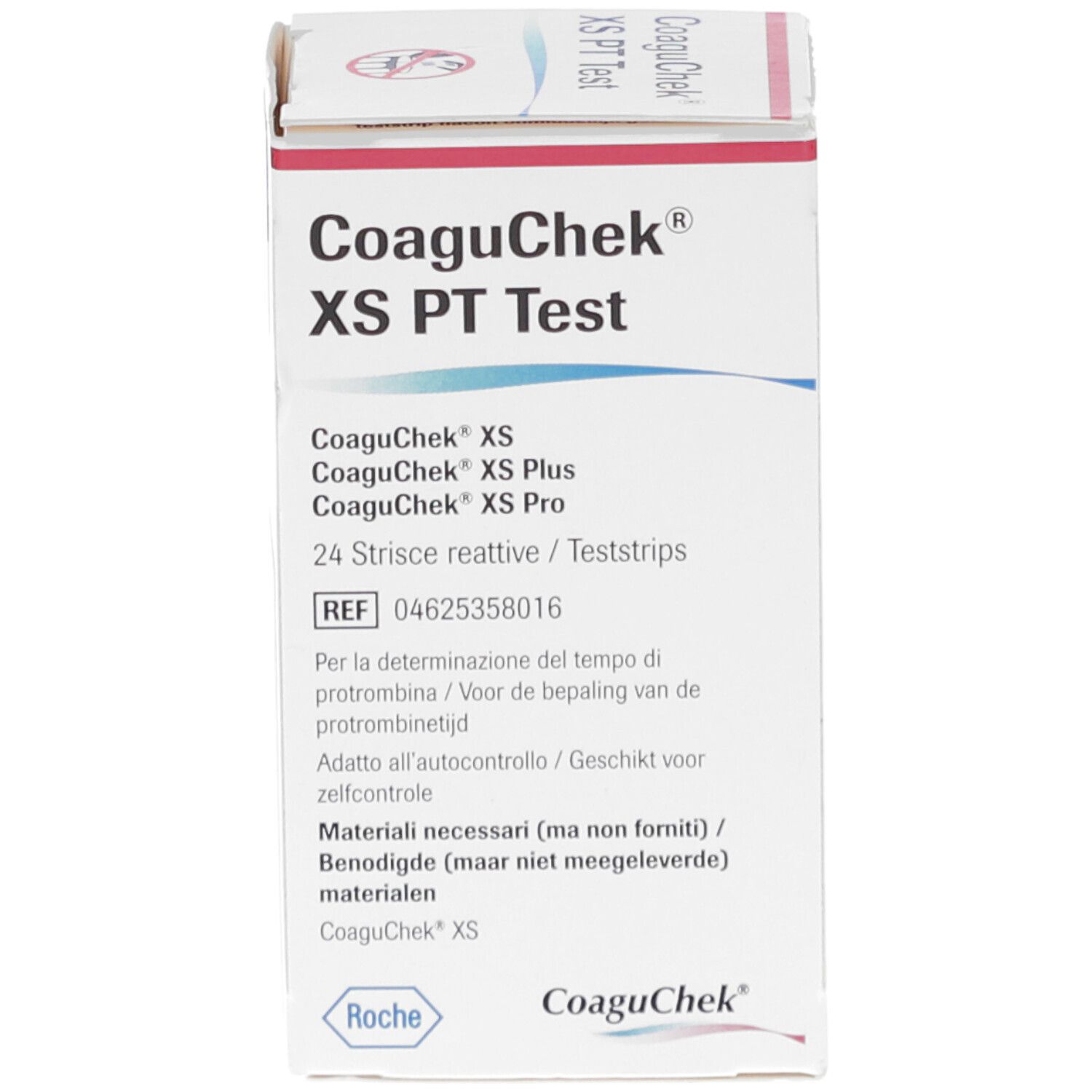 Karton mit CoaguChek XS PT Teststreifen. Aufschrift: 24 Teststreifen. Roche-Logo.