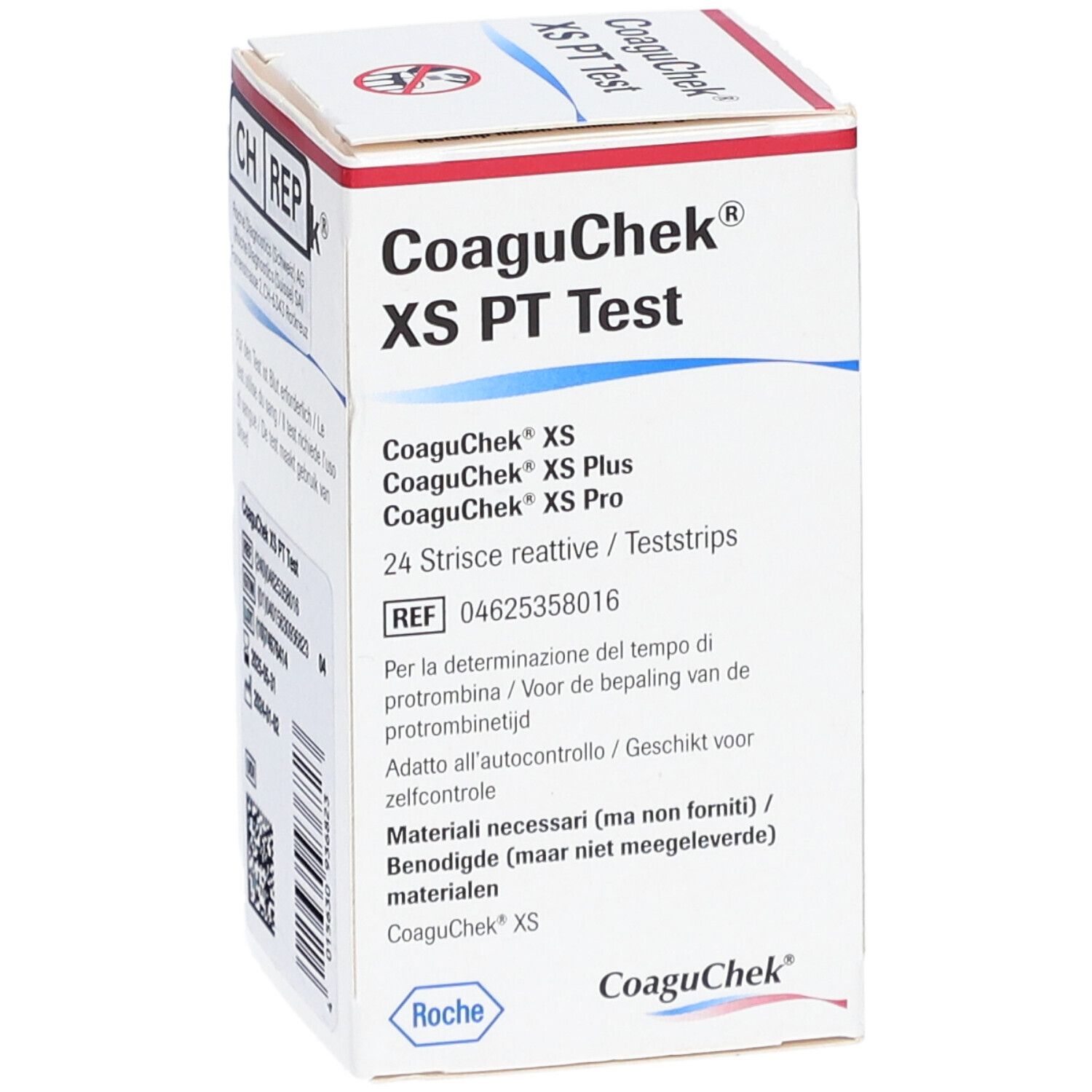 Karton mit CoaguChek XS PT Teststreifen. Aufschrift: 24 Teststreifen. Roche-Logo und QR-Code.