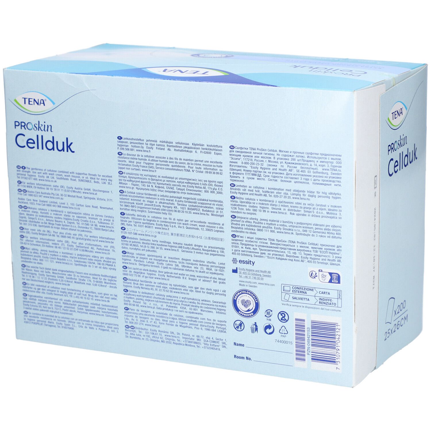 Dos d'une boîte TENA ProSkin Cellduk. Texte : informations sur le produit, coordonnées du fabricant, numéro de lot, symboles de recyclage et code-barres.