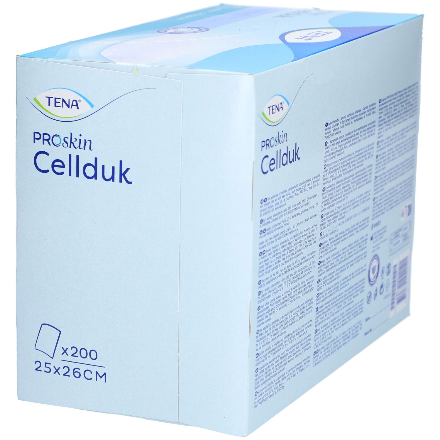 Boîte de TENA ProSkin Cellduk. Inscriptions : 200 lingettes, 25x26cm. Tissu extra-fort pour l'hygiène quotidienne.